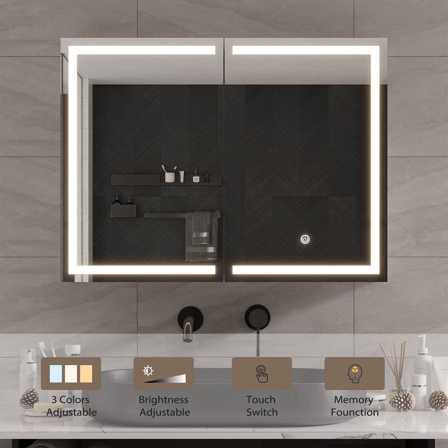 Hasuit | Lighted Medicine Cabinet with Mirror 2 Doors Wall Mounted Bathroom Mirror with Storage 31.5'' x 23.6''