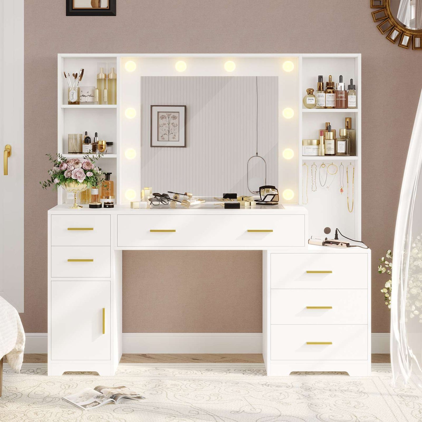 Hasuit | 48.8 Inch Large Vanity Desk with Lighted Mirror & Power Outlet White Makeup Vanity Table with 6 Drawers 4 Shelves and 1 Storage Cabinet