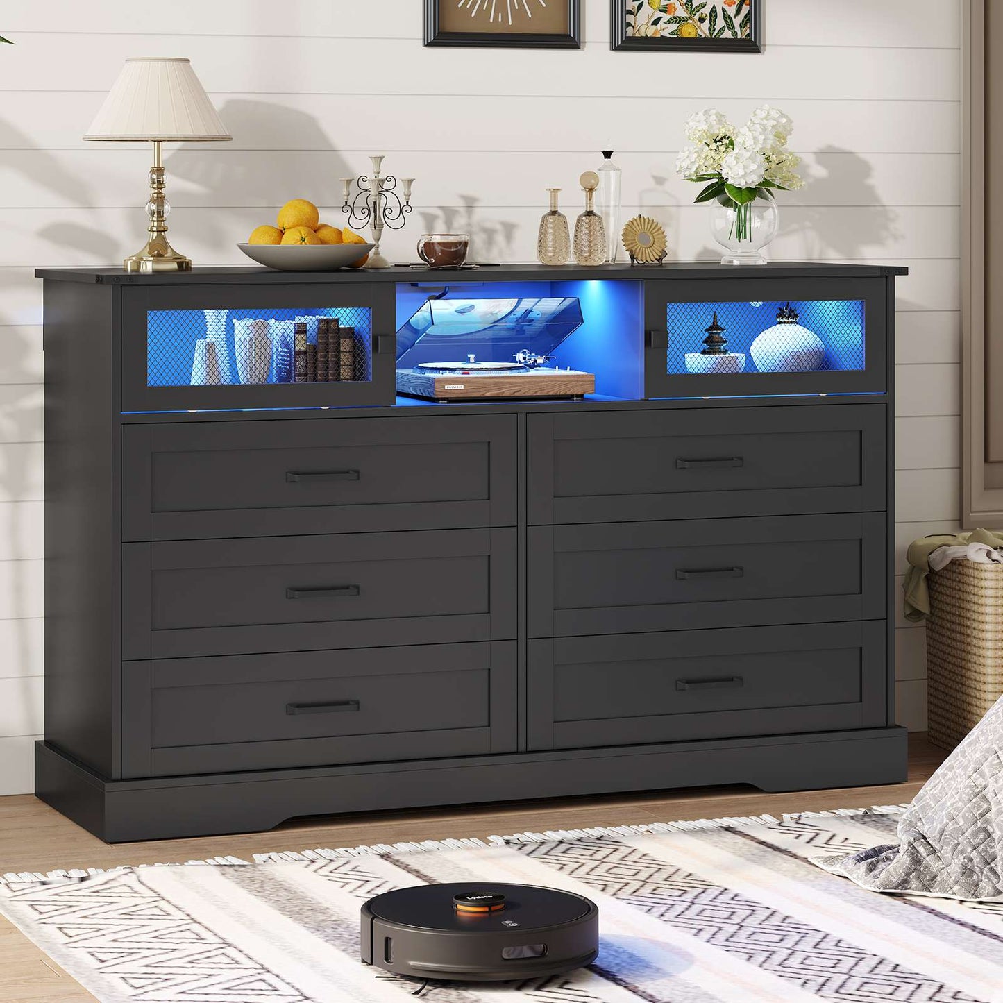 Hasuit | 47.2 Inch 6 Drawer Dresser with LED Lights and Charging Station Farmhouse Chest of Drawers Closet Organizer, Clothes Storage Cabinet