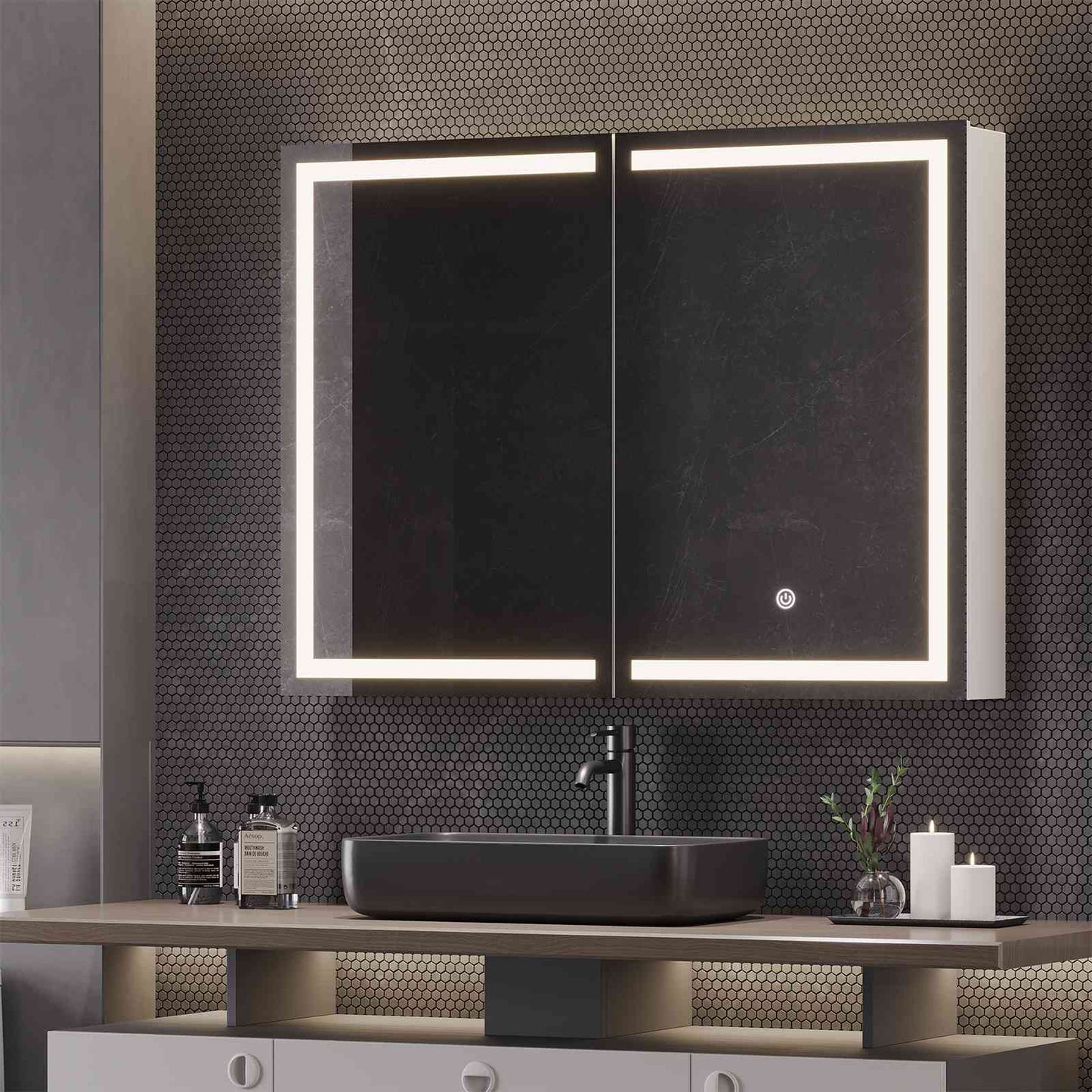 Hasuit | Lighted Medicine Cabinet with Mirror 2 Doors Wall Mounted Bathroom Mirror with Storage 31.5'' x 23.6''