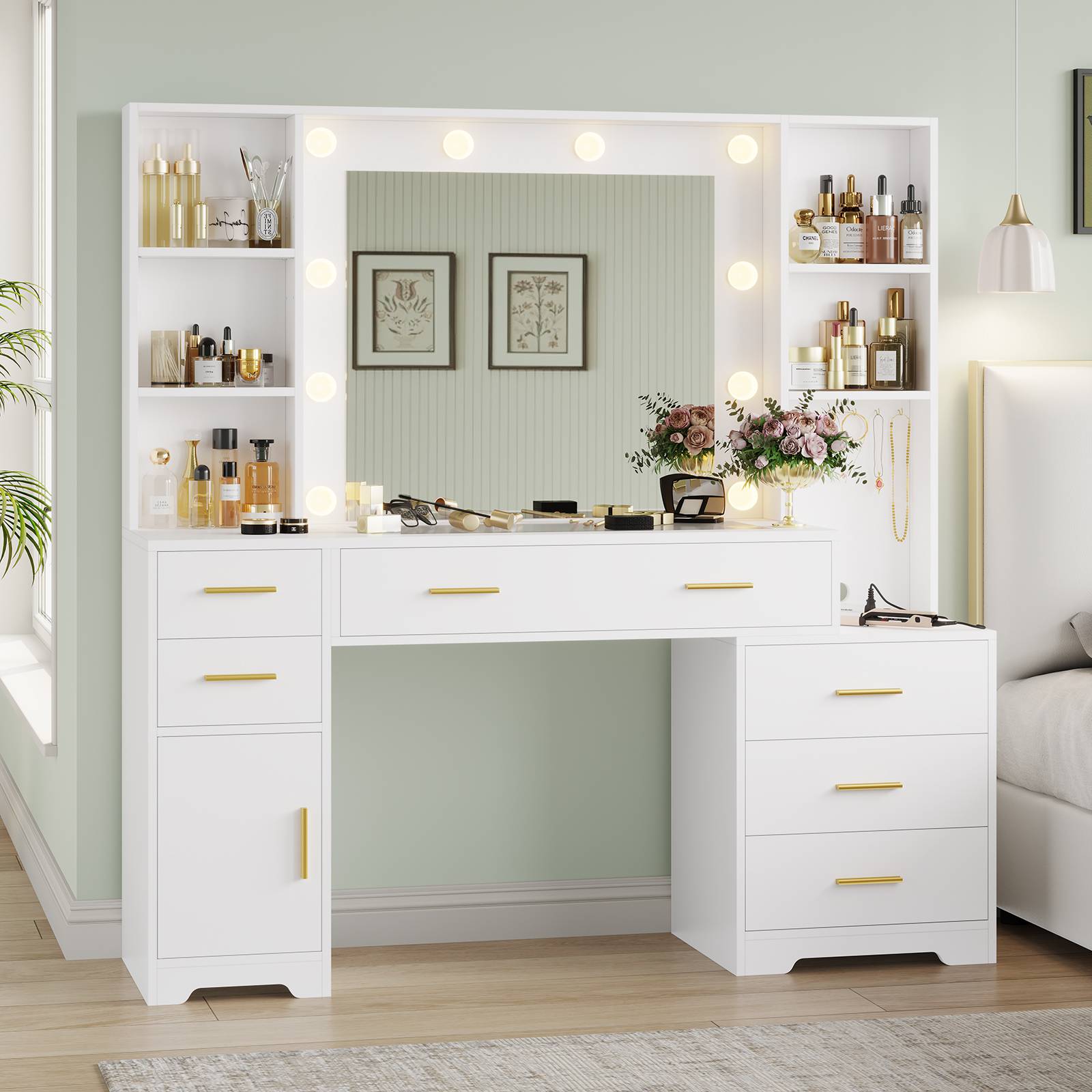 Vanity Desk Mirror Power Outlet 4 Shelves 6 Drawers Glass Tabletop
