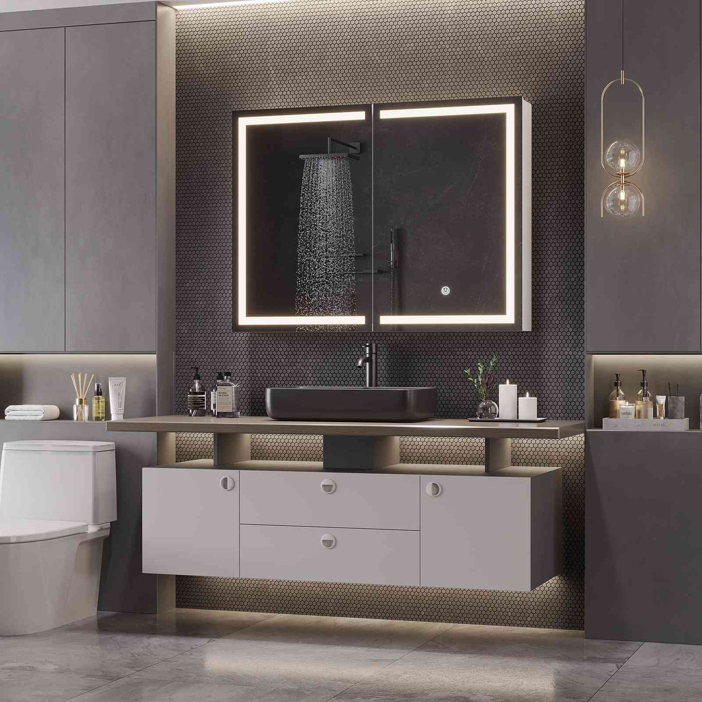 Hasuit | Lighted Medicine Cabinet with Mirror 2 Doors Wall Mounted Bathroom Mirror with Storage 31.5'' x 23.6''