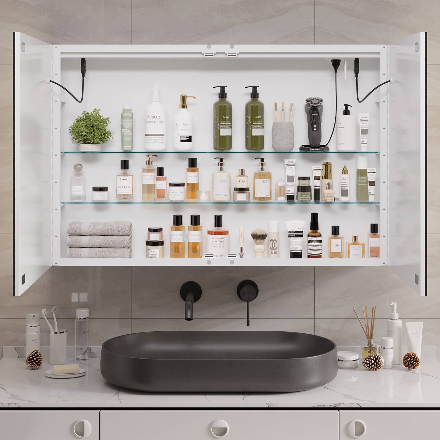 Hasuit | Lighted Medicine Cabinet with Mirror Wall Mounted Bathroom Mirror with Storage and LED Lights 35.4'' x 23.6''