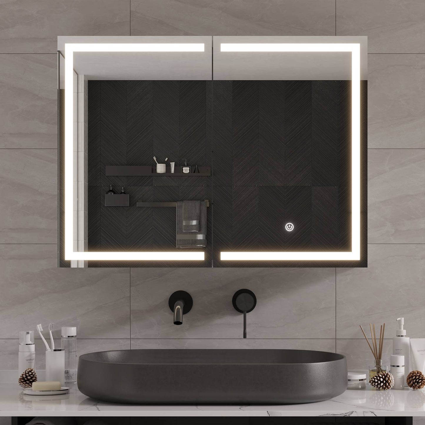 Hasuit | Lighted Medicine Cabinet with Mirror 2 Doors Wall Mounted Bathroom Mirror with Storage 31.5'' x 23.6''