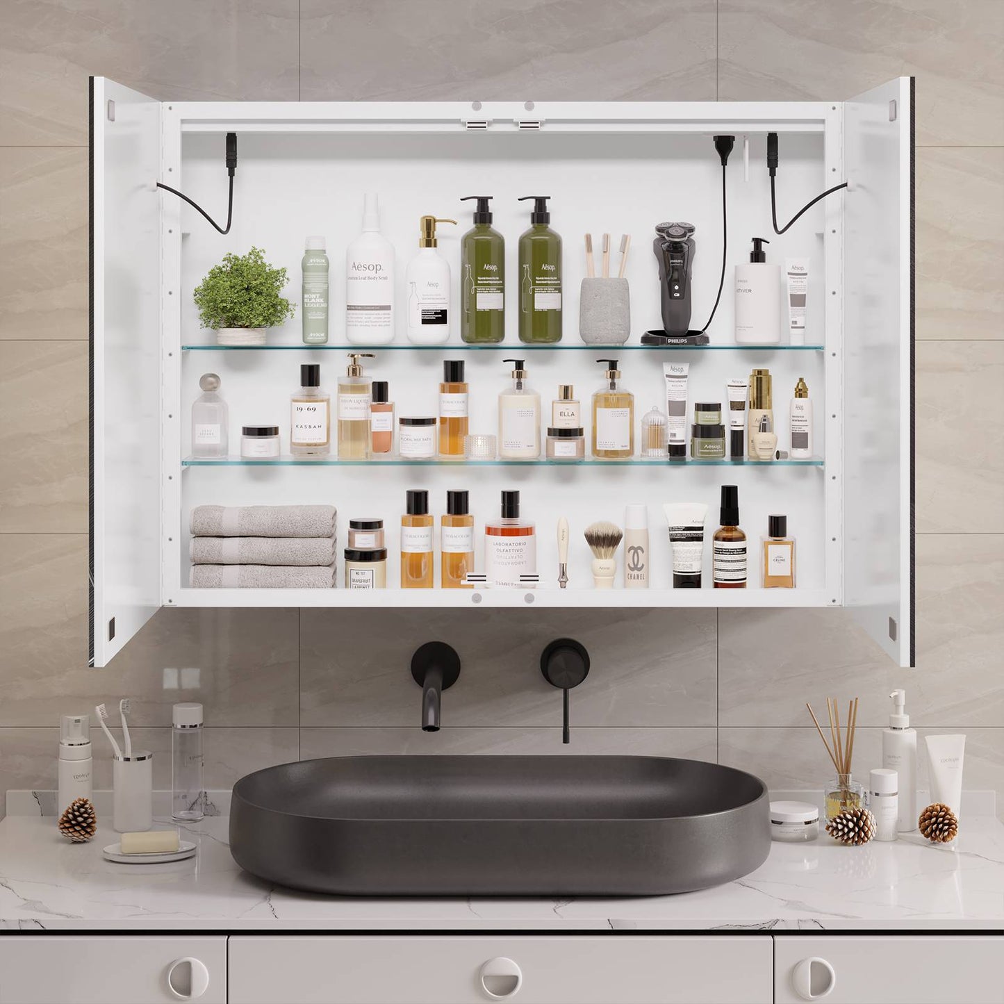 Hasuit | Lighted Medicine Cabinet with Mirror 2 Doors Wall Mounted Bathroom Mirror with Storage 31.5'' x 23.6''