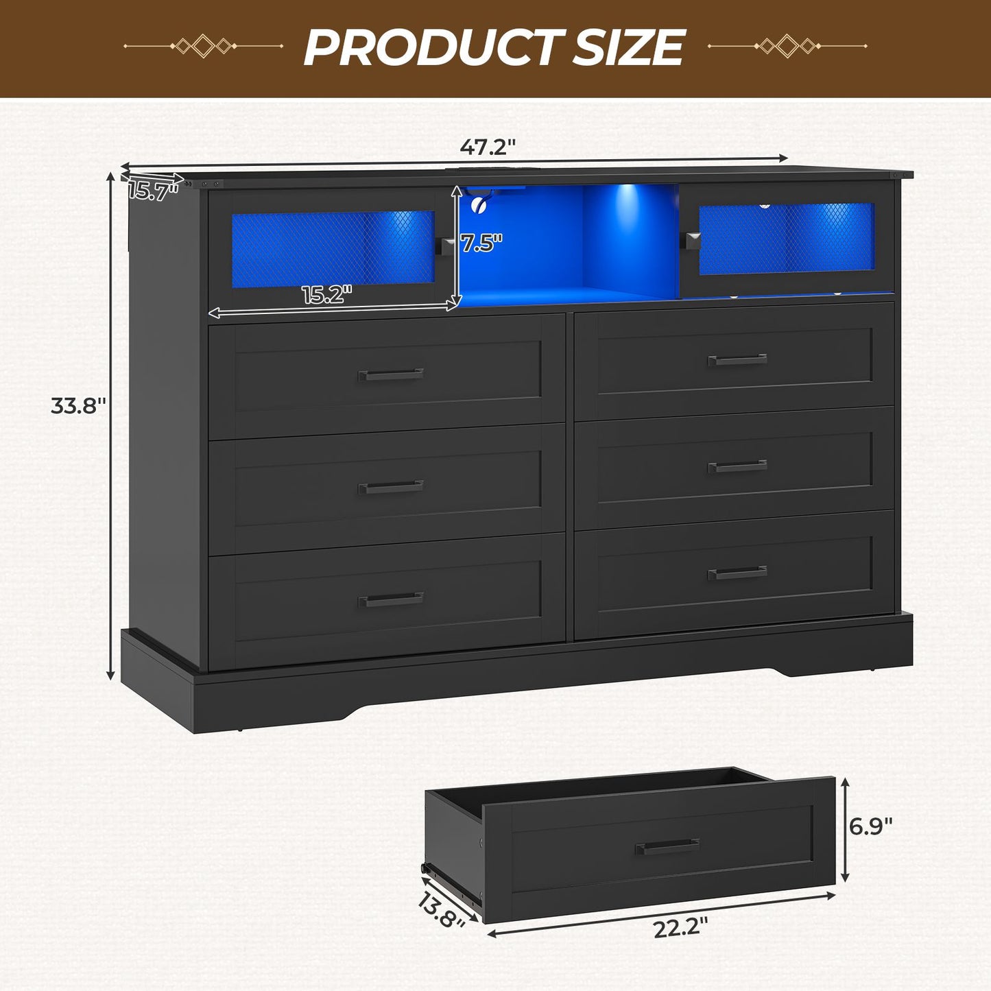 Hasuit | 47.2 Inch 6 Drawer Dresser with LED Lights and Charging Station Farmhouse Chest of Drawers Closet Organizer, Clothes Storage Cabinet