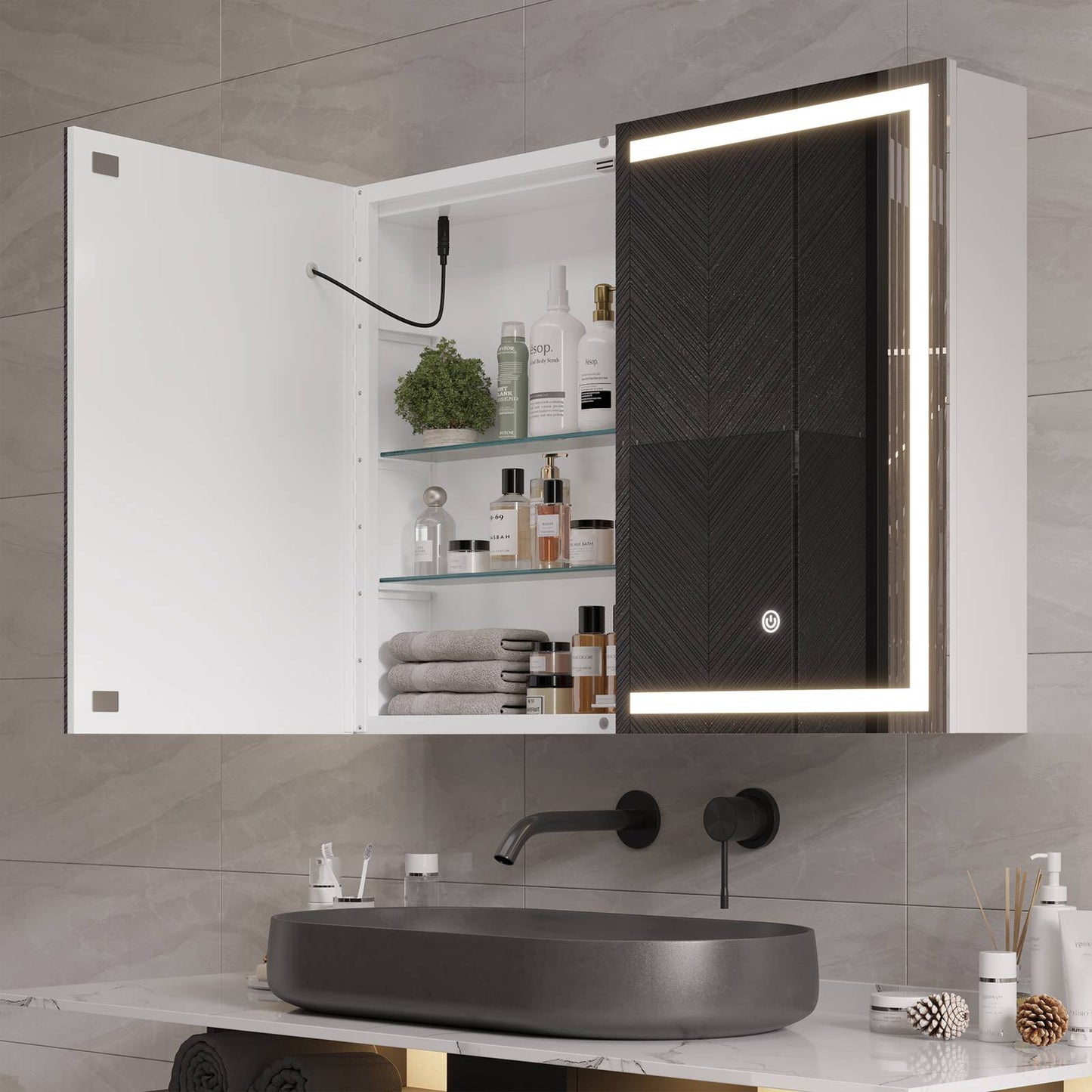 Hasuit | Lighted Medicine Cabinet with Mirror 2 Doors Wall Mounted Bathroom Mirror with Storage 31.5'' x 23.6''