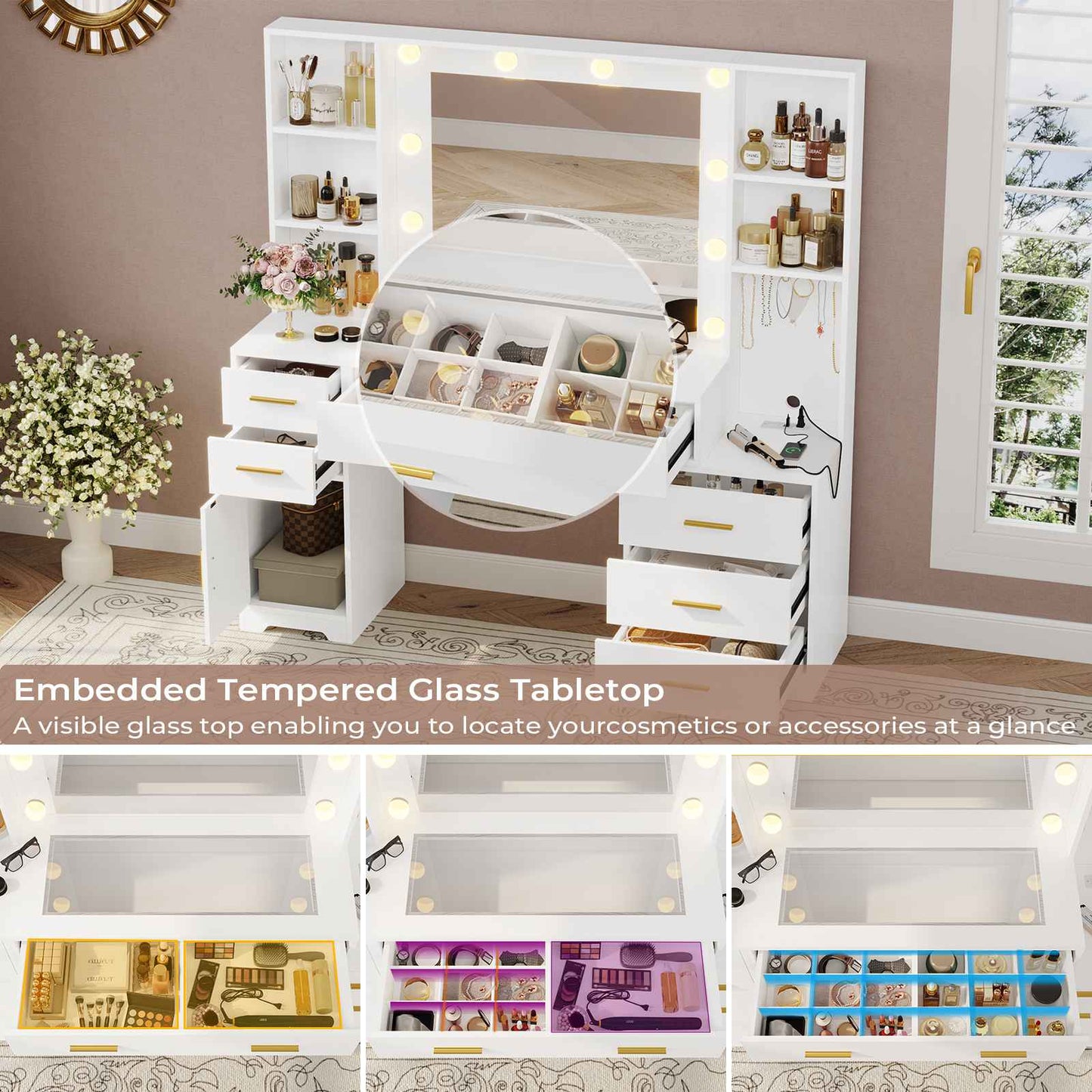 Hasuit | 48.8 Inch Large Vanity Desk with Lighted Mirror & Power Outlet White Makeup Vanity Table with 6 Drawers 4 Shelves and 1 Storage Cabinet