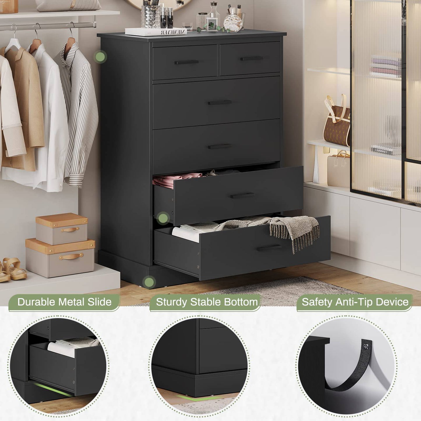 Hasuit | 27.6 Inch Dresser for Bedroom 6 Drawers Dresser Wood Storage Tower Clothes Organizer for Bedroom Hallway Entryway