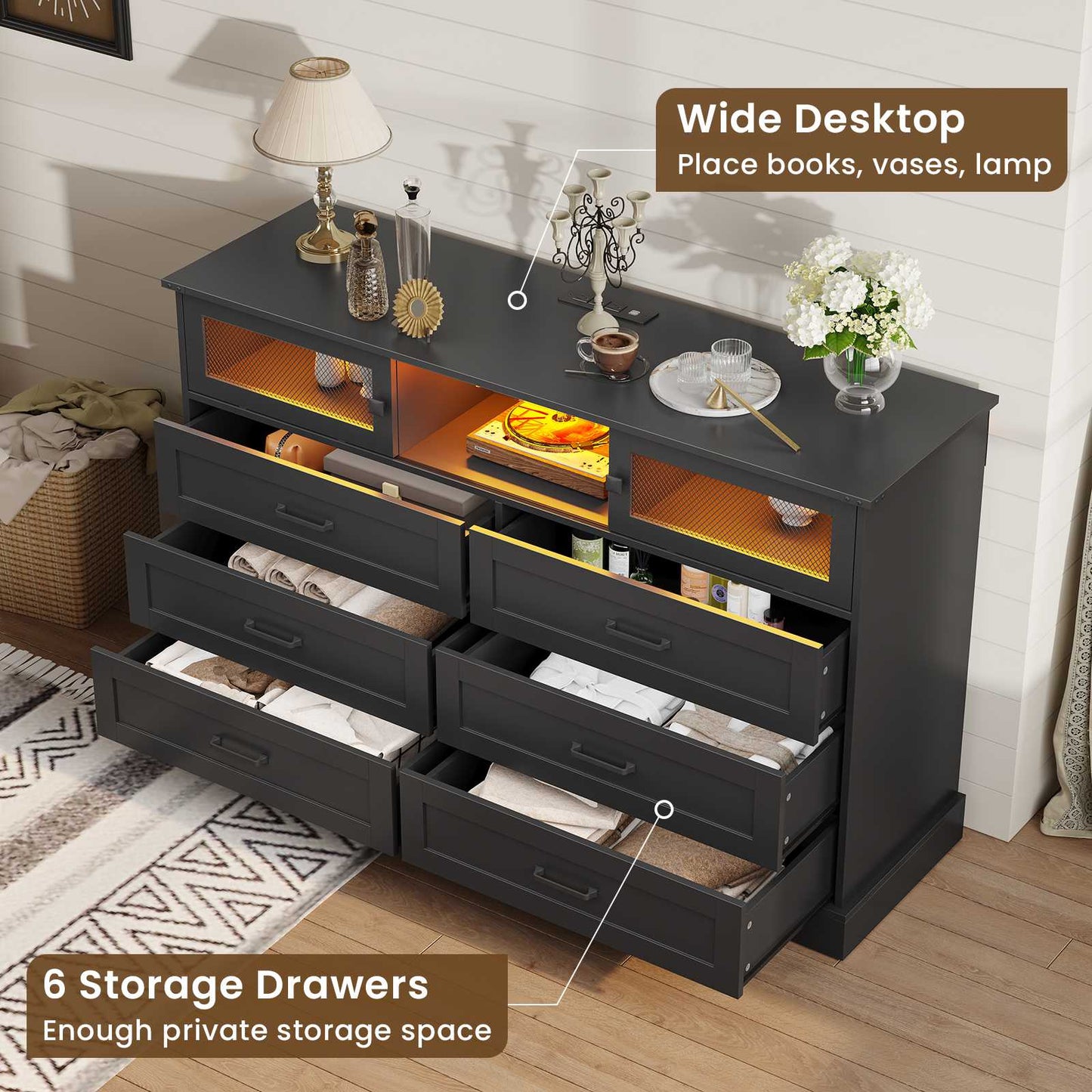 Hasuit | 47.2 Inch 6 Drawer Dresser with LED Lights and Charging Station Farmhouse Chest of Drawers Closet Organizer, Clothes Storage Cabinet