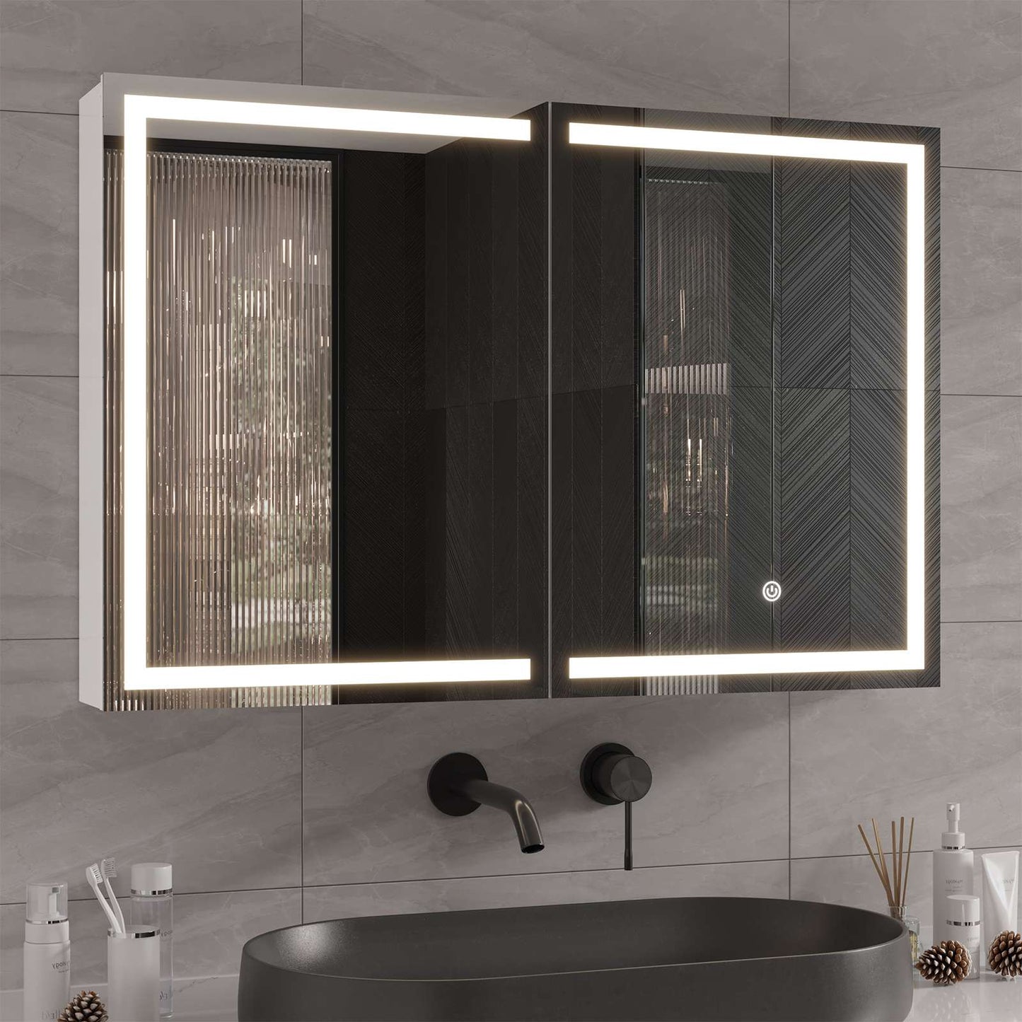 Hasuit | Lighted Medicine Cabinet with Mirror Wall Mounted Bathroom Mirror with Storage and LED Lights 35.4'' x 23.6''