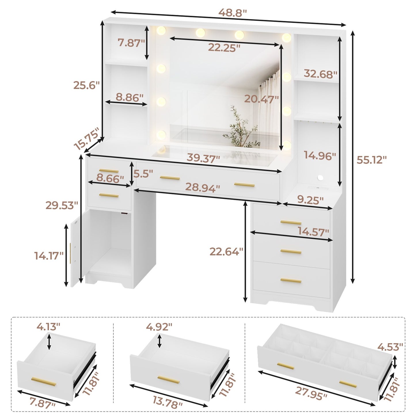 Hasuit | 48.8 Inch Large Vanity Desk with Lighted Mirror & Power Outlet White Makeup Vanity Table with 6 Drawers 4 Shelves and 1 Storage Cabinet