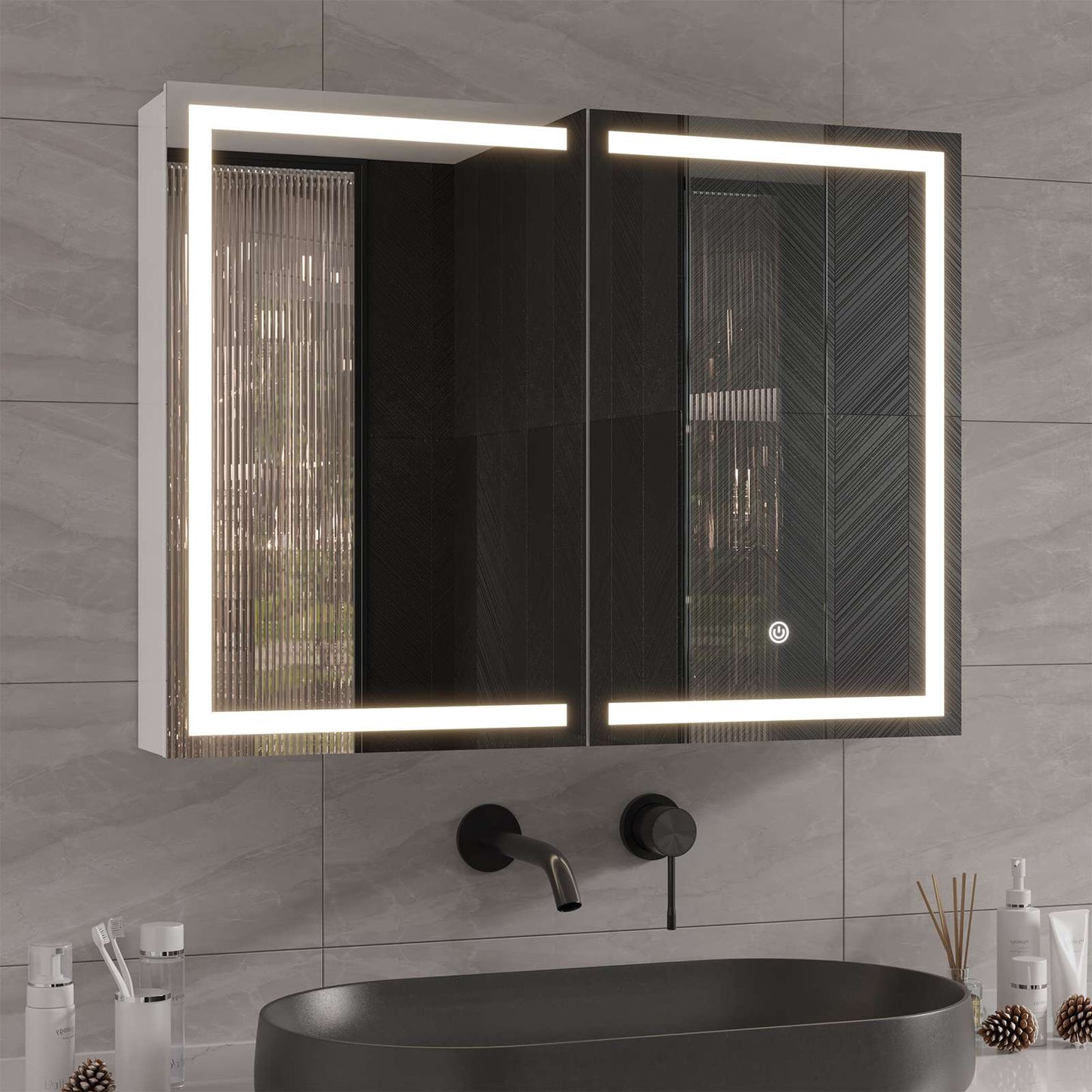 Hasuit | Lighted Medicine Cabinet with Mirror 2 Doors Wall Mounted Bathroom Mirror with Storage 31.5'' x 23.6''