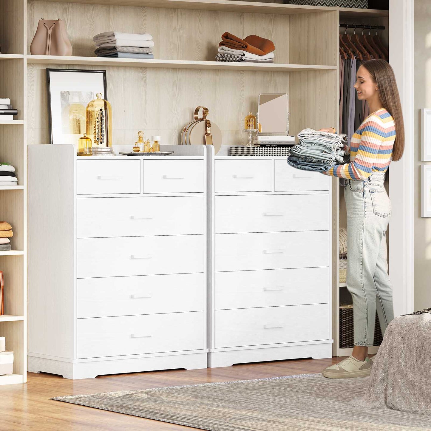 Hasuit | 26.6 Inch Dresser Wooden Storage Chest of 6 Drawers Vertical Large Capacity Clothing Storage Organizer Tall Dressers