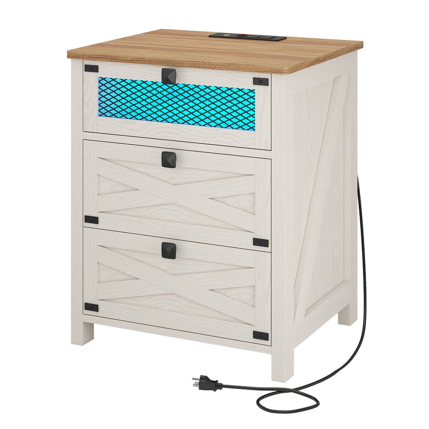 Hasuit | Night Stand with 3 Drawers Rustic Vintage Farmhouse White Nightstand with Charging Station and LED Lights