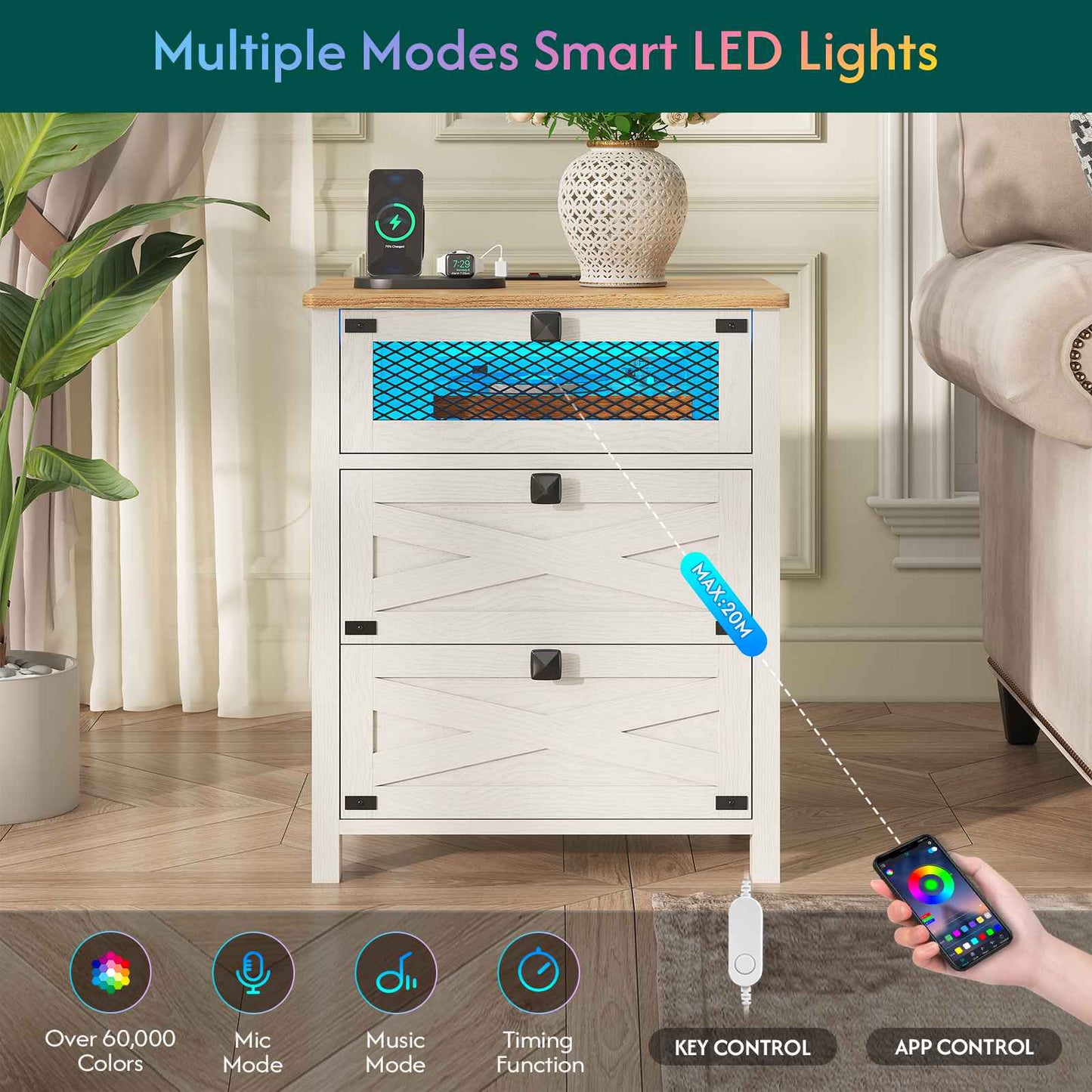 Hasuit | Night Stand with 3 Drawers Rustic Vintage Farmhouse White Nightstand with Charging Station and LED Lights