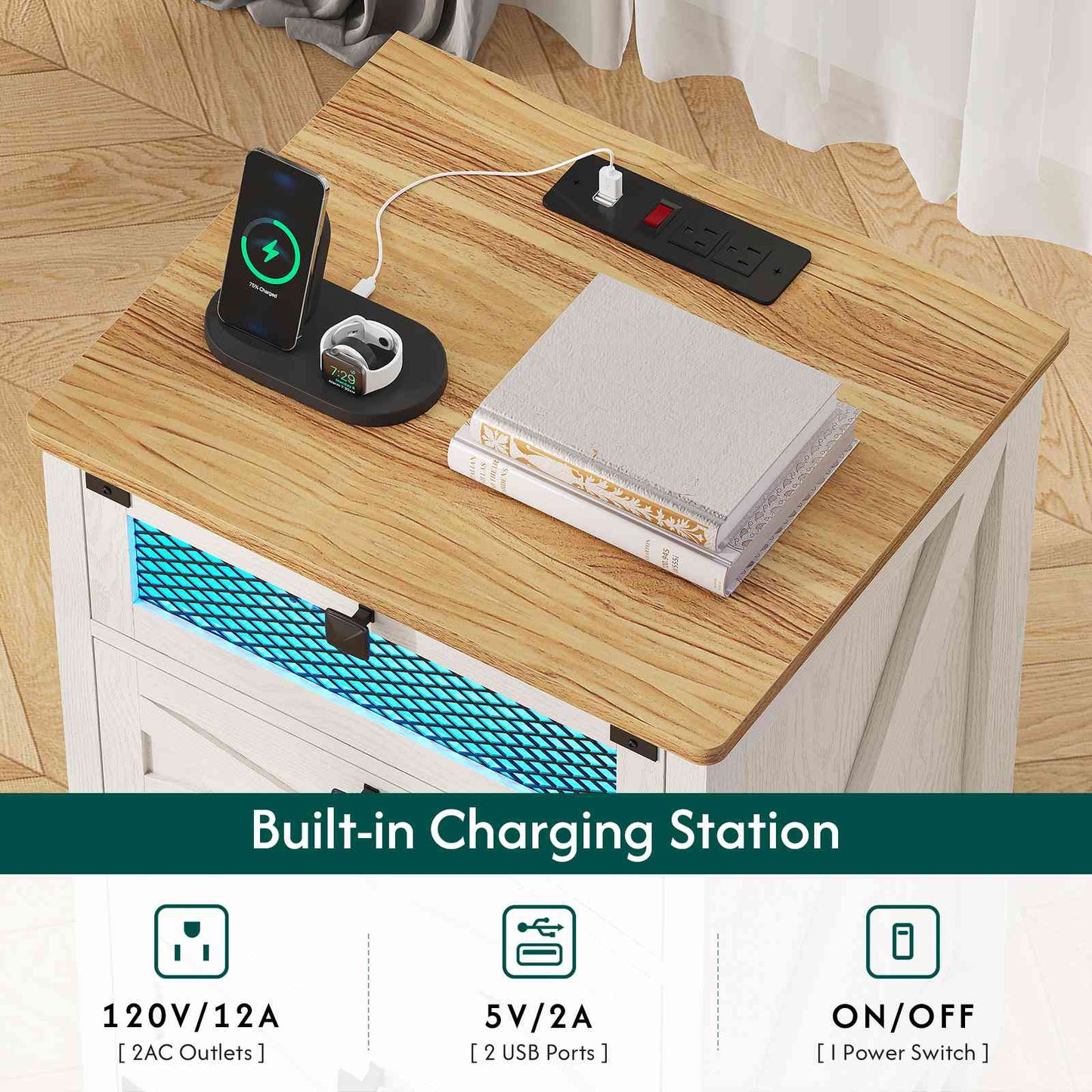 Hasuit | Night Stand with 3 Drawers Rustic Vintage Farmhouse White Nightstand with Charging Station and LED Lights