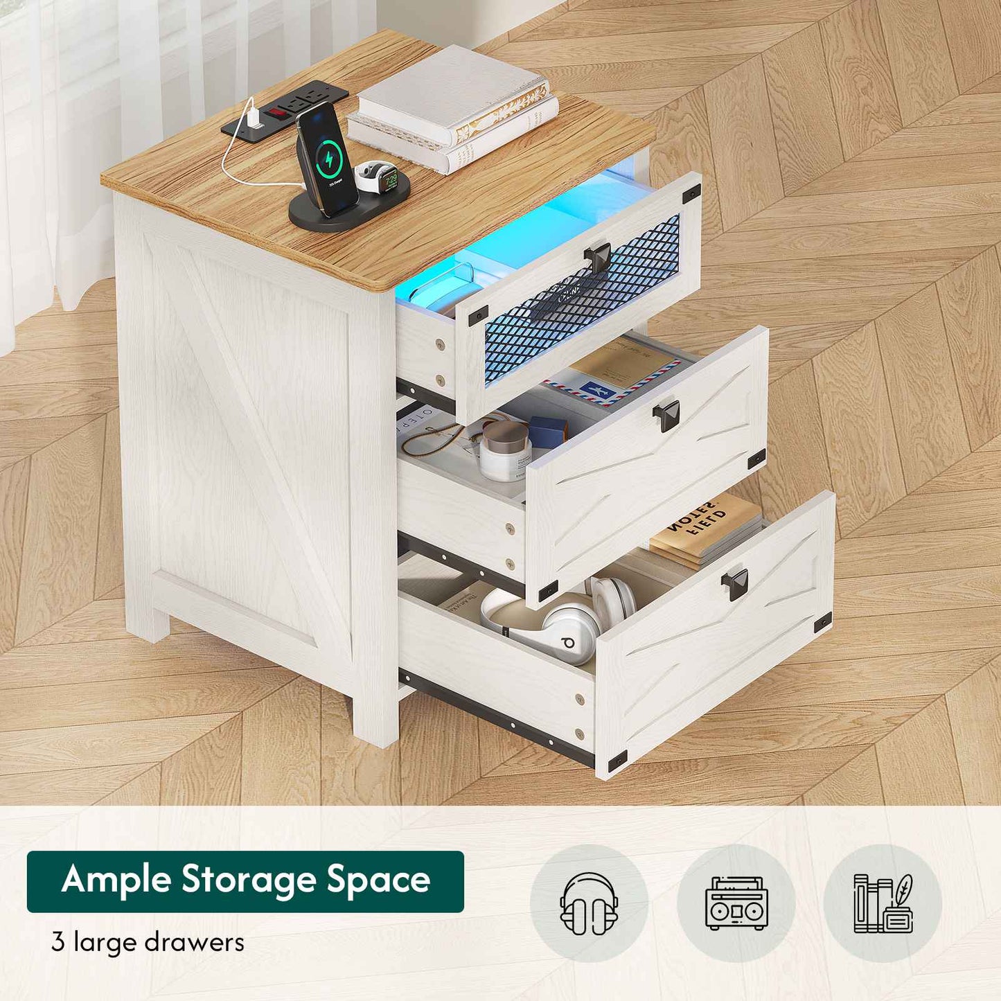 Hasuit | Night Stand with 3 Drawers Rustic Vintage Farmhouse White Nightstand with Charging Station and LED Lights