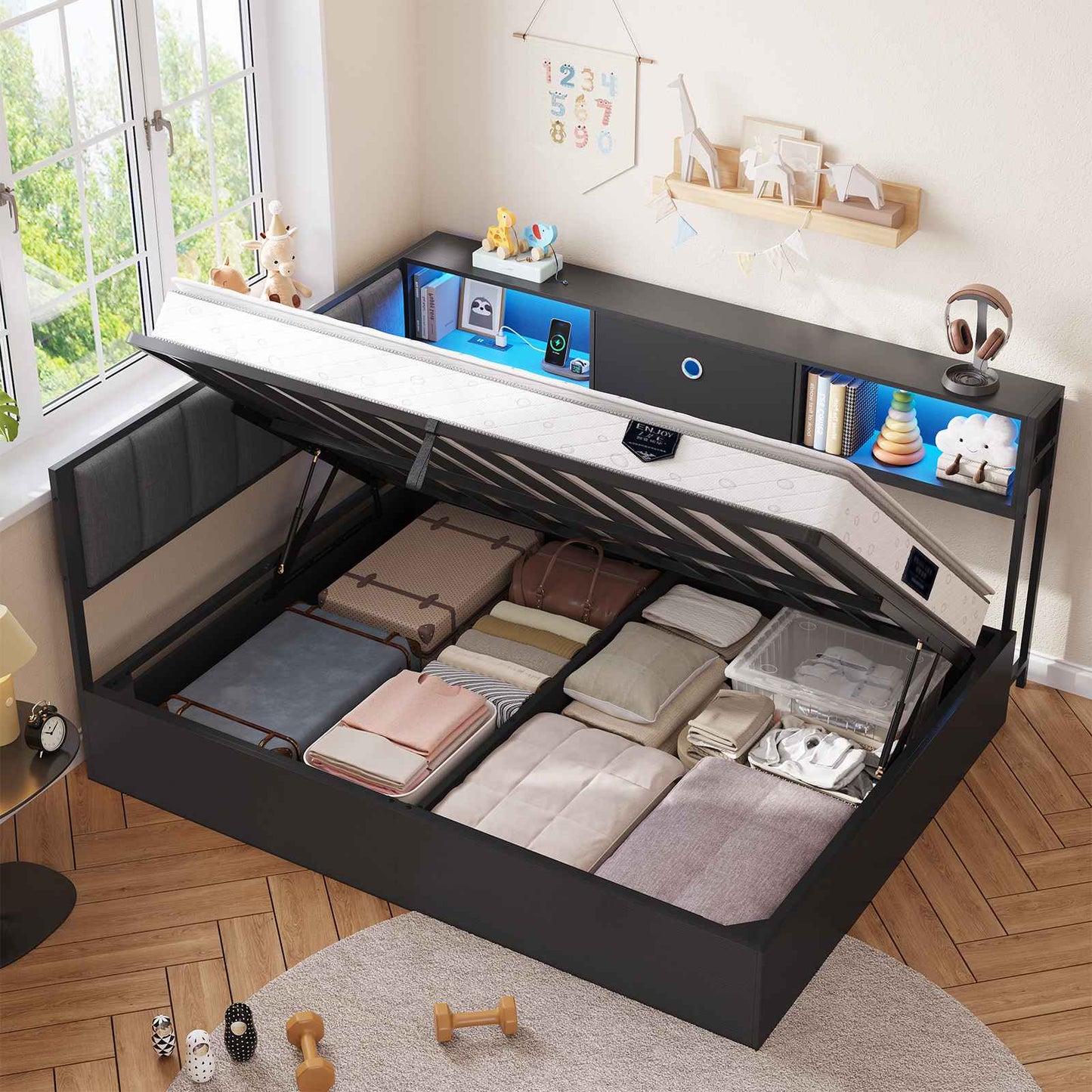 Hasuit | Corner Lift Up Storage Bed Frame with Charging Station & LED Lights Day Bed with Upholstered Headboard and Bookcase for Kids Teens Guests Black
