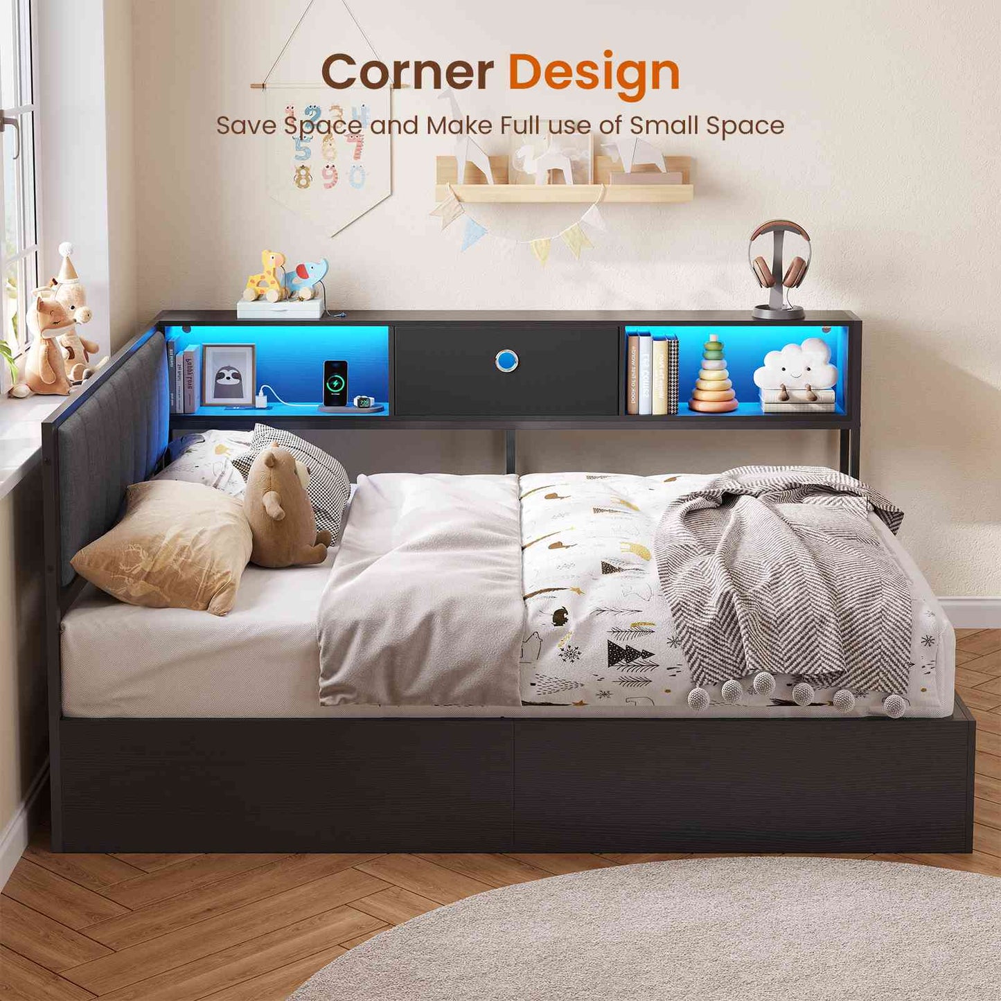 Hasuit | Corner Lift Up Storage Bed Frame with Charging Station & LED Lights Day Bed with Upholstered Headboard and Bookcase for Kids Teens Guests Black