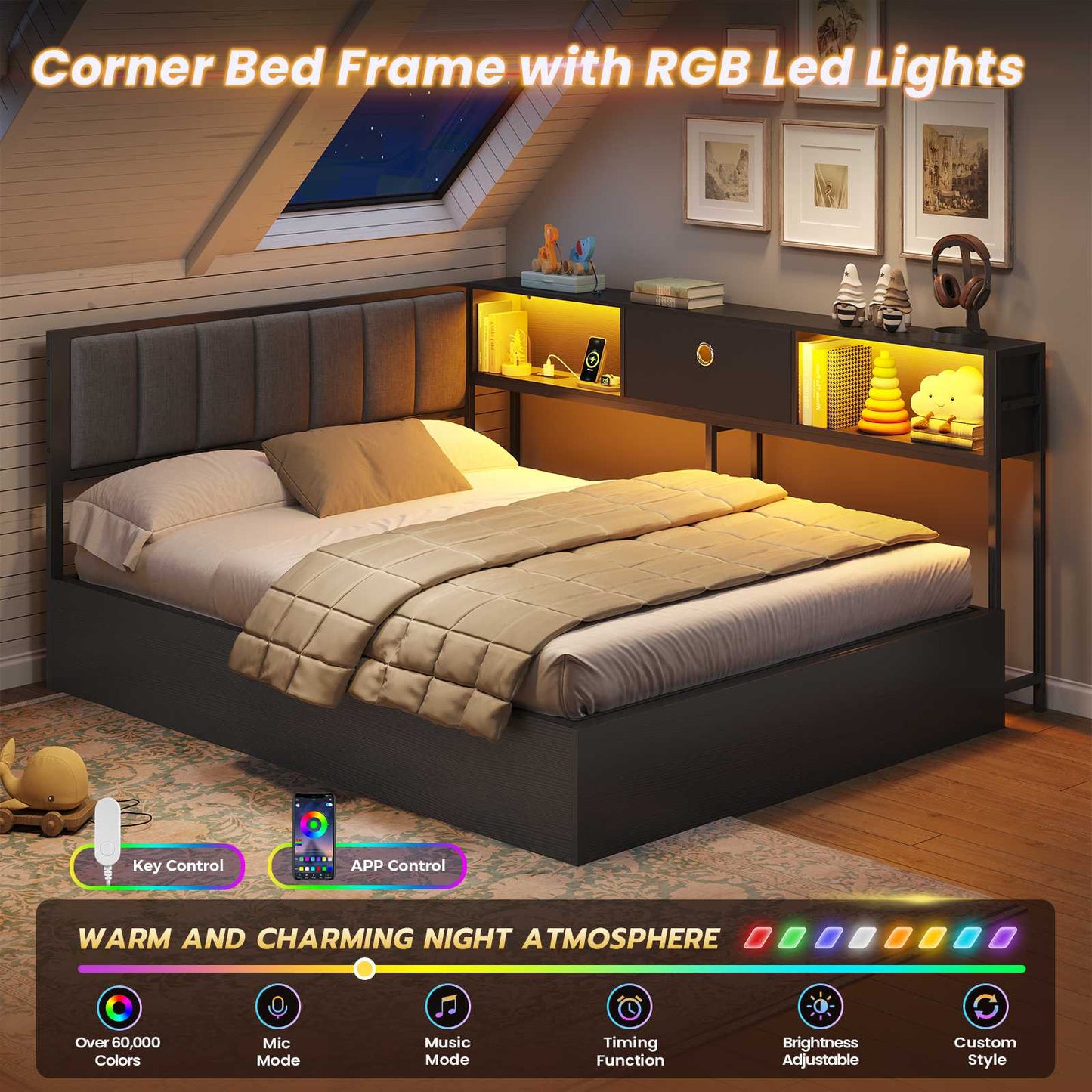 Hasuit | Corner Lift Up Storage Bed Frame with Charging Station & LED Lights Day Bed with Upholstered Headboard and Bookcase for Kids Teens Guests Black