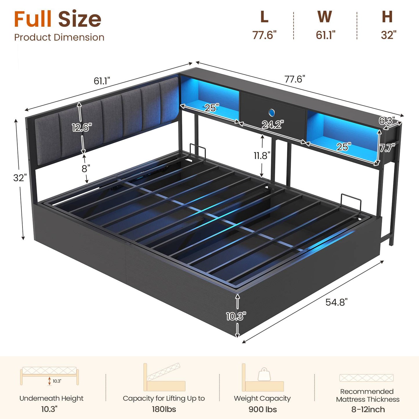 Hasuit | Corner Lift Up Storage Bed Frame with Charging Station & LED Lights Day Bed with Upholstered Headboard and Bookcase for Kids Teens Guests Black