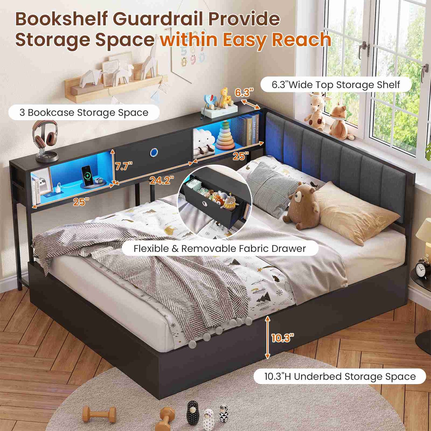 Hasuit | Corner Lift Up Storage Bed Frame with Charging Station & LED Lights Day Bed with Upholstered Headboard and Bookcase for Kids Teens Guests Black