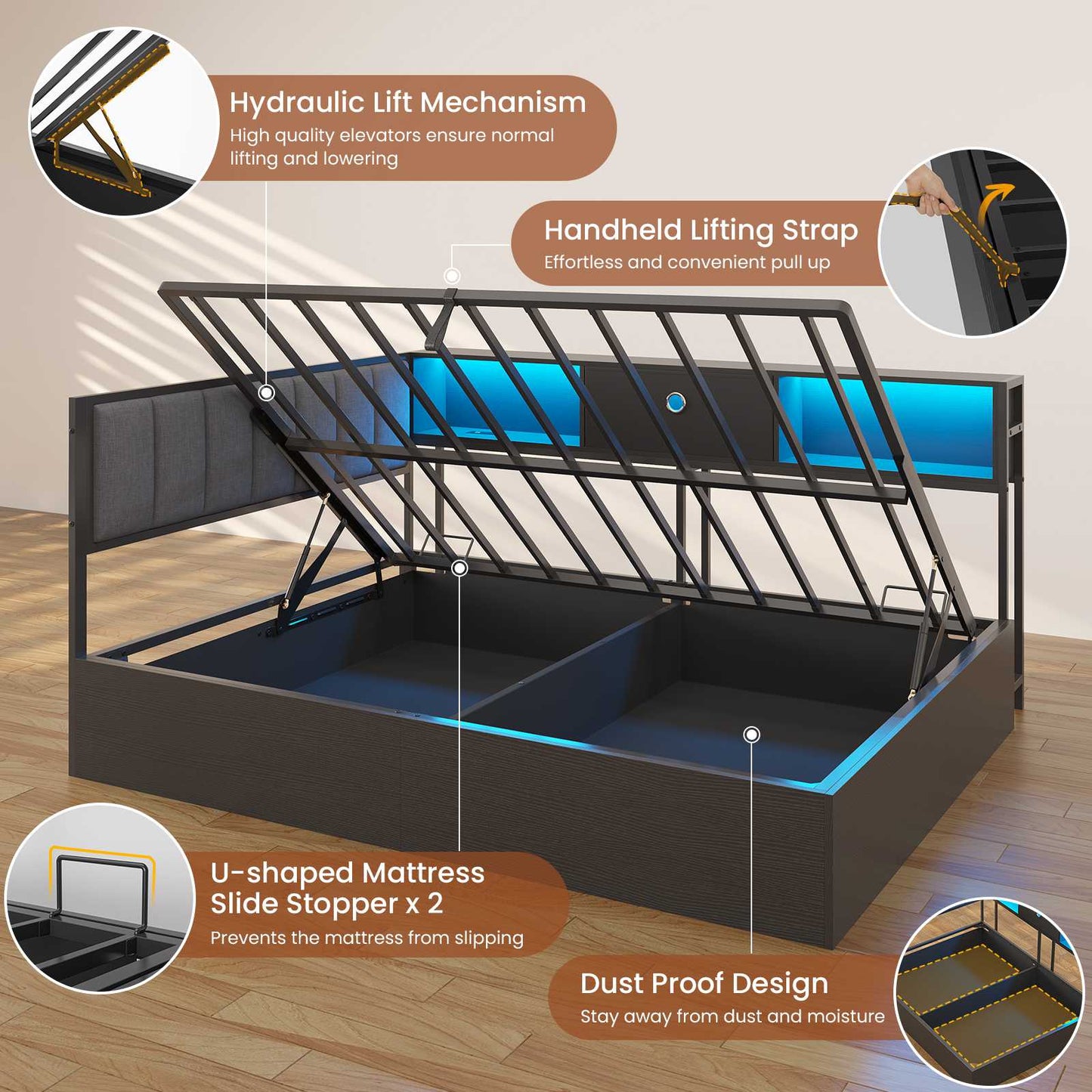Hasuit | Corner Lift Up Storage Bed Frame with Charging Station & LED Lights Day Bed with Upholstered Headboard and Bookcase for Kids Teens Guests Black