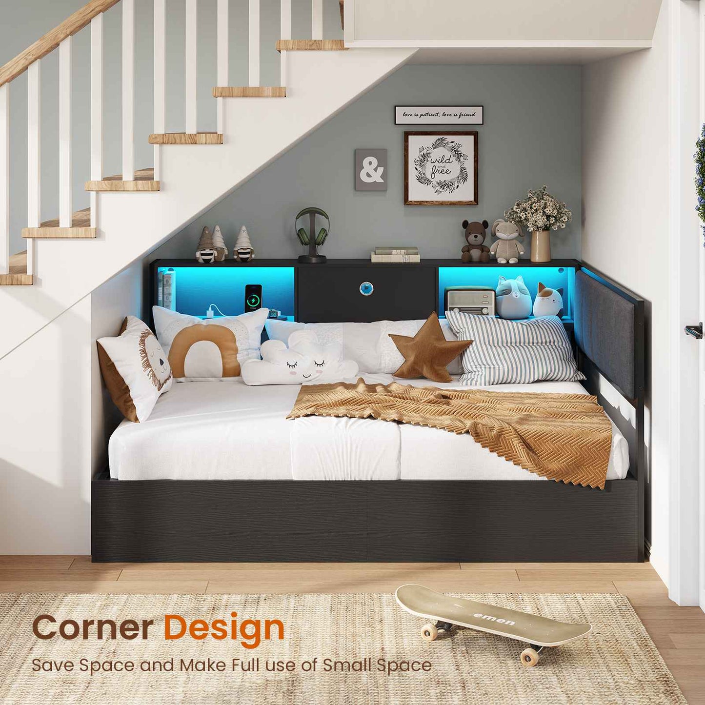 Hasuit | Corner Lift Up Storage Bed Frame with Charging Station & LED Lights Day Bed with Upholstered Headboard and Bookcase for Kids Teens Guests Black