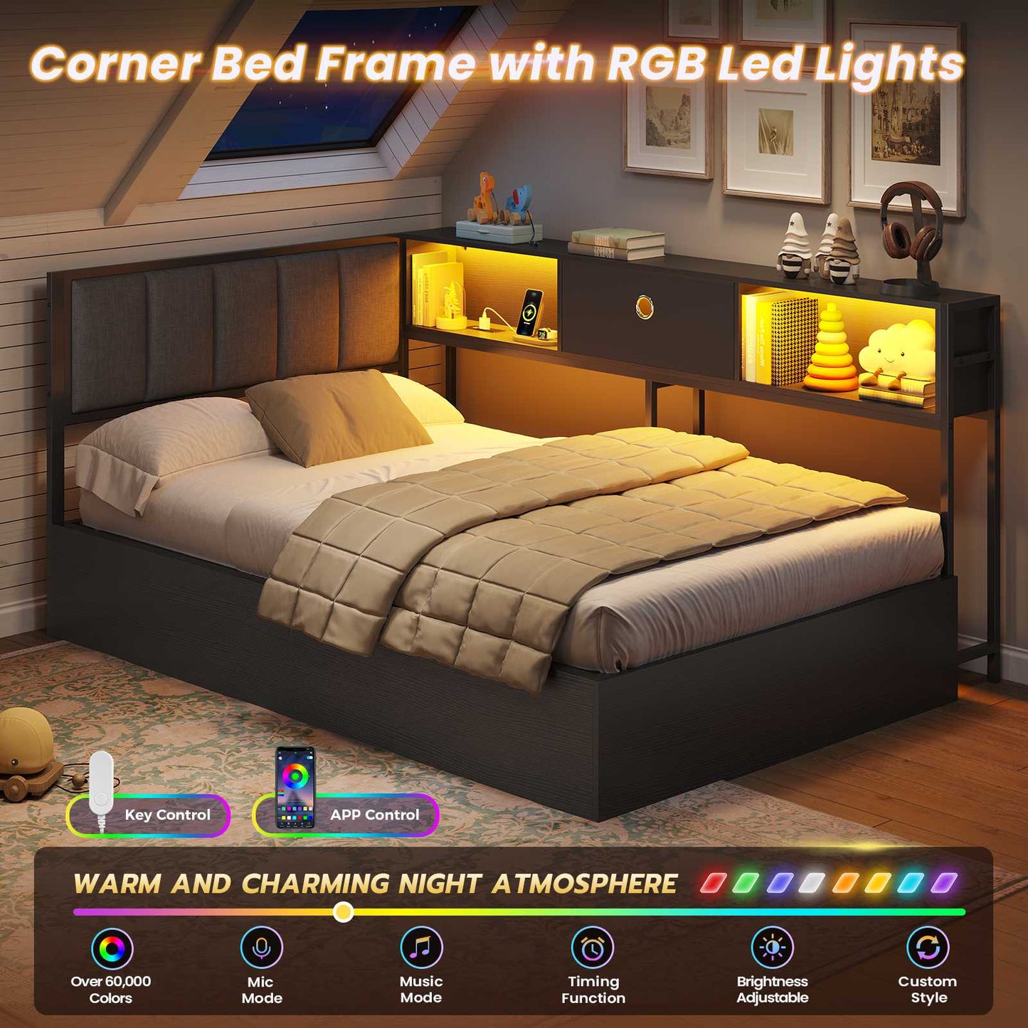 Hasuit | Corner Lift Up Storage Bed Frame with Charging Station & LED Lights Day Bed with Upholstered Headboard and Bookcase for Kids Teens Guests Black