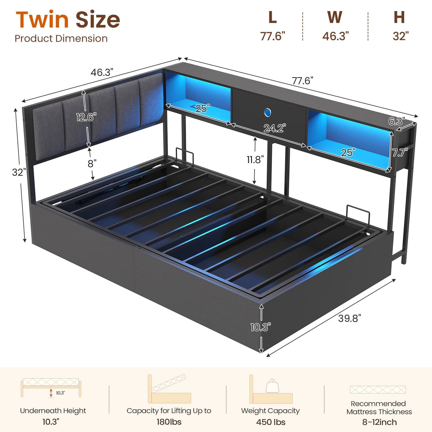 Hasuit | Corner Lift Up Storage Bed Frame with Charging Station & LED Lights Day Bed with Upholstered Headboard and Bookcase for Kids Teens Guests Black