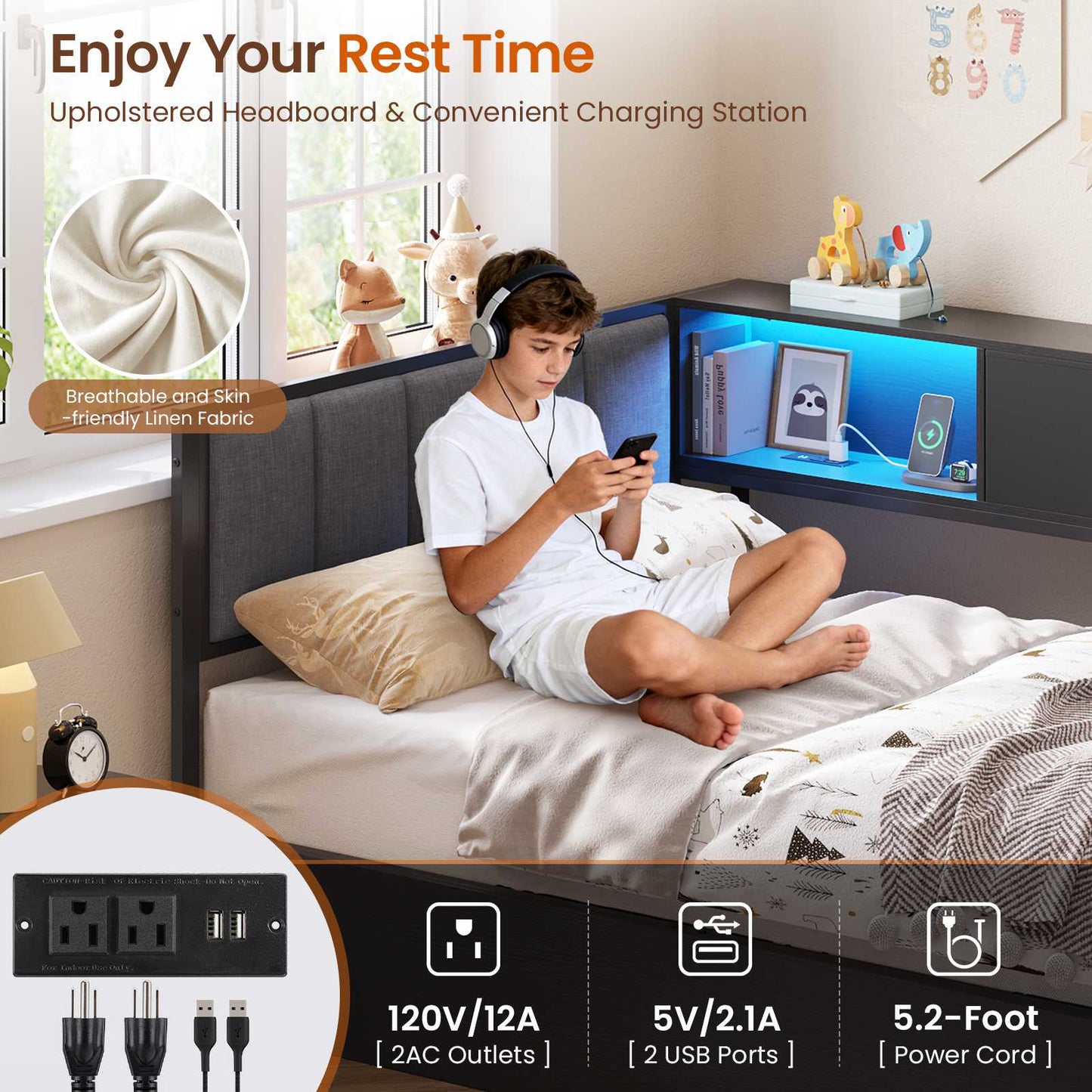 Hasuit | Corner Lift Up Storage Bed Frame with Charging Station & LED Lights Day Bed with Upholstered Headboard and Bookcase for Kids Teens Guests Black