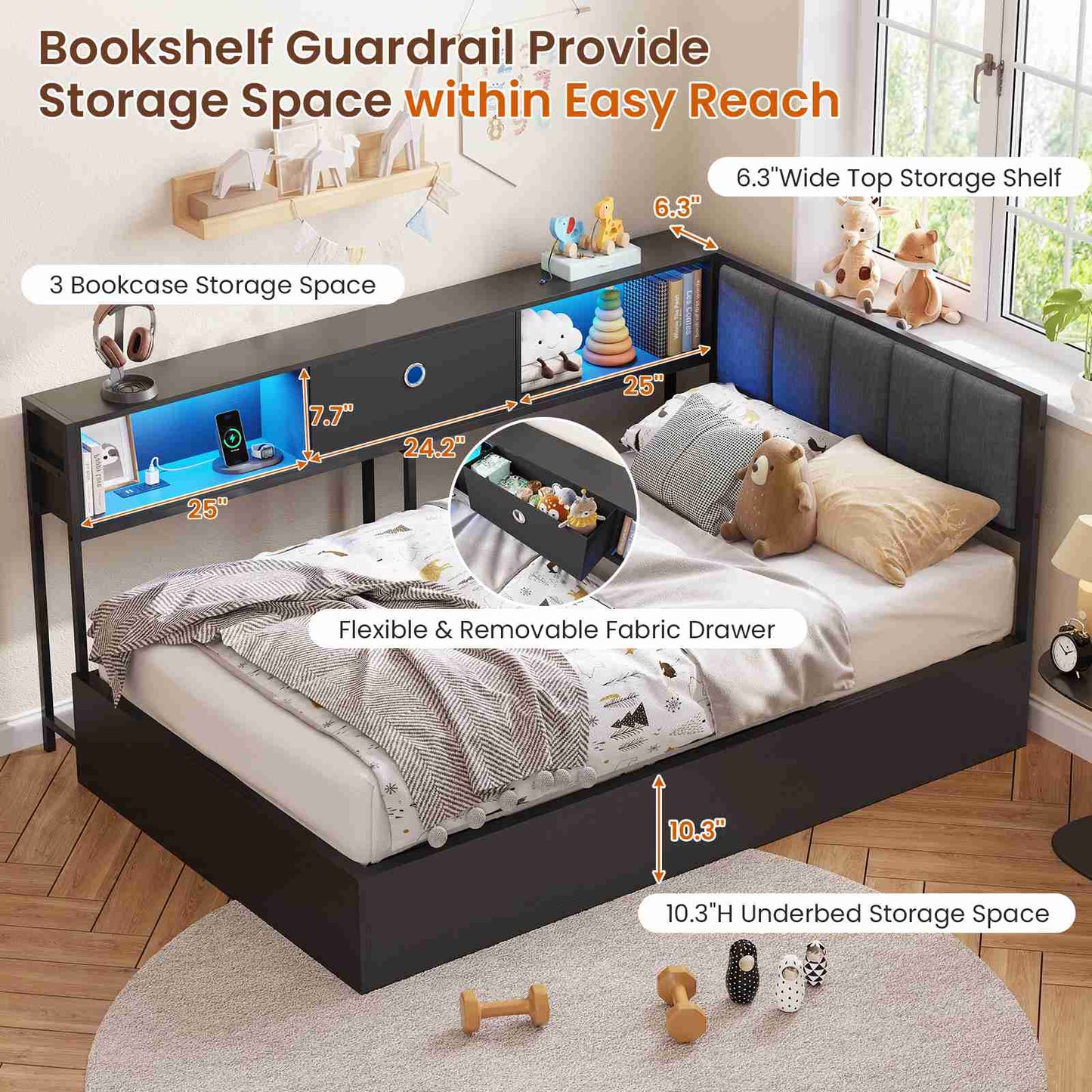 Hasuit | Corner Lift Up Storage Bed Frame with Charging Station & LED Lights Day Bed with Upholstered Headboard and Bookcase for Kids Teens Guests Black