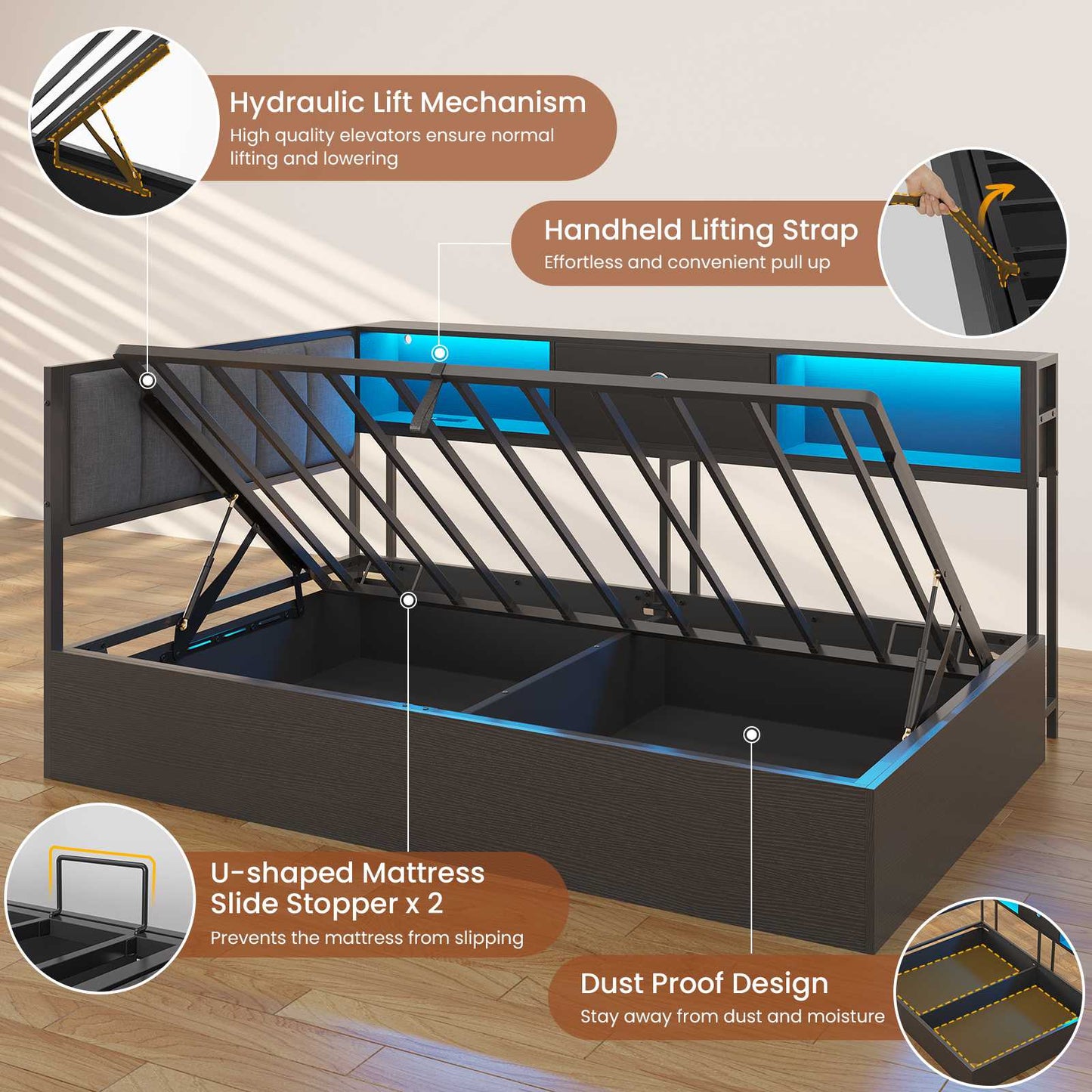 Hasuit | Corner Lift Up Storage Bed Frame with Charging Station & LED Lights Day Bed with Upholstered Headboard and Bookcase for Kids Teens Guests Black