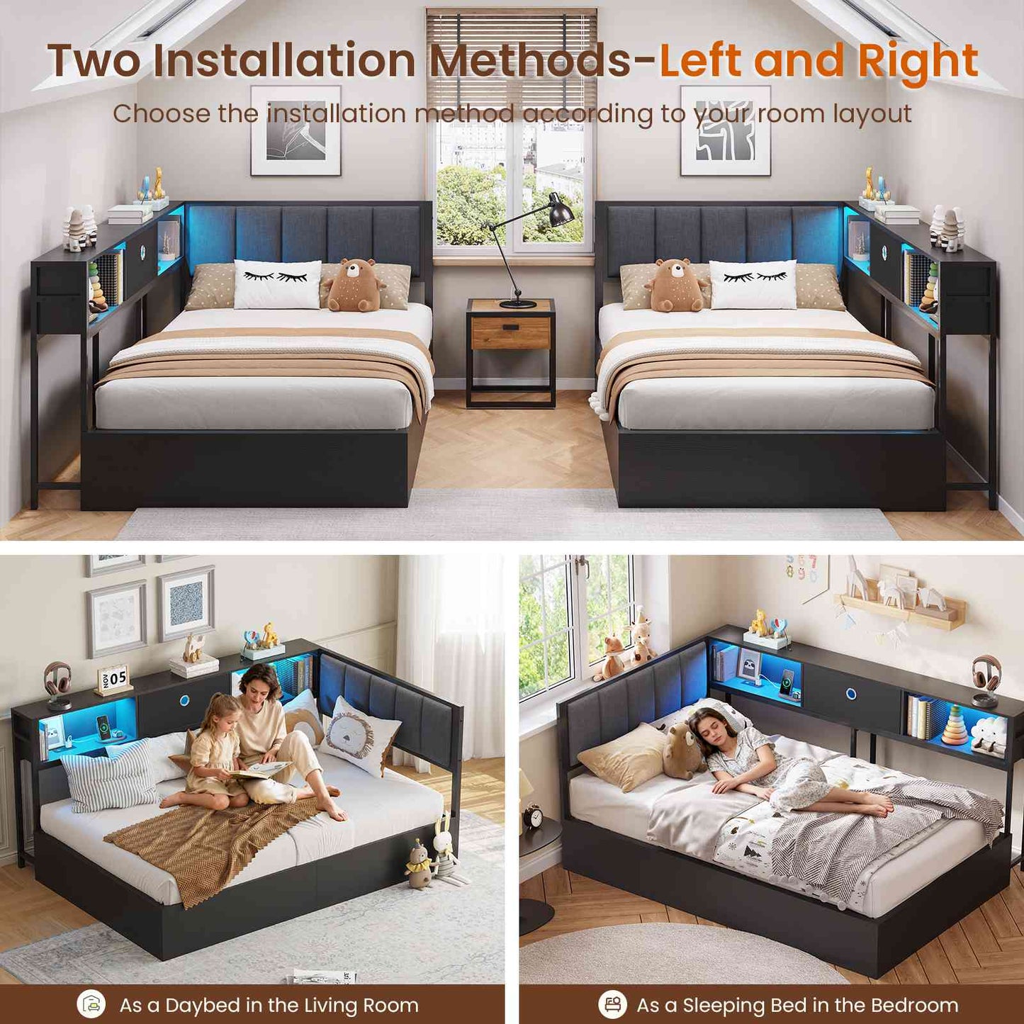 Hasuit | Corner Lift Up Storage Bed Frame with Charging Station & LED Lights Day Bed with Upholstered Headboard and Bookcase for Kids Teens Guests Black