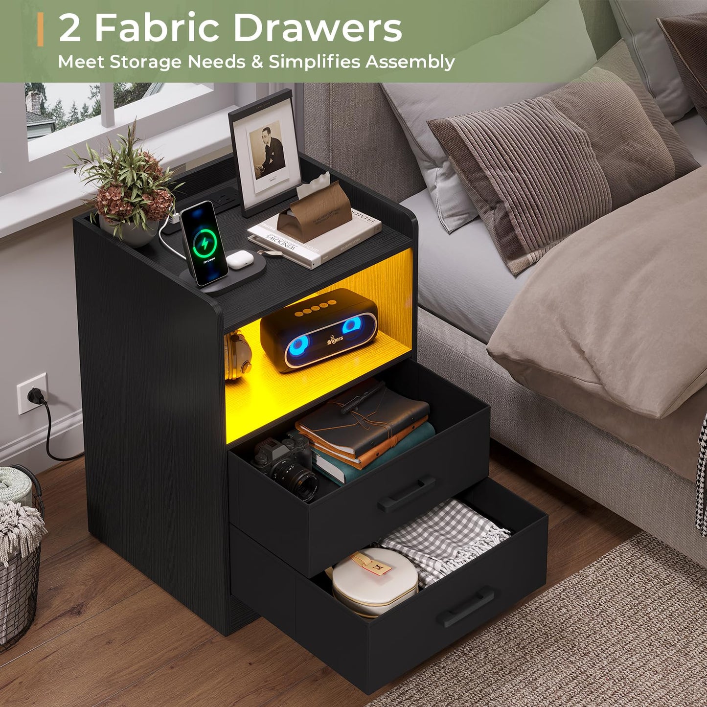 Hasuit | Night Stand Set of 2 with LED Lights and Charging Station Modern Bedside End Table with 2 Fabric Storage Drawers