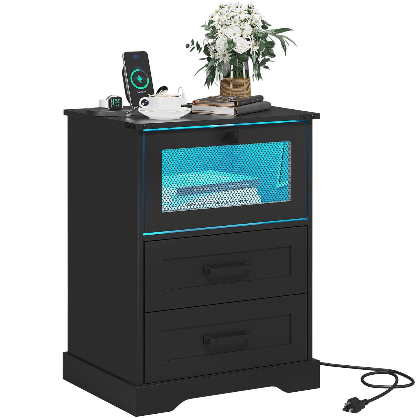 Hasuit | Night Stand with Charging Station and LED Lights Farmhouse Nightstand with 2 Drawers