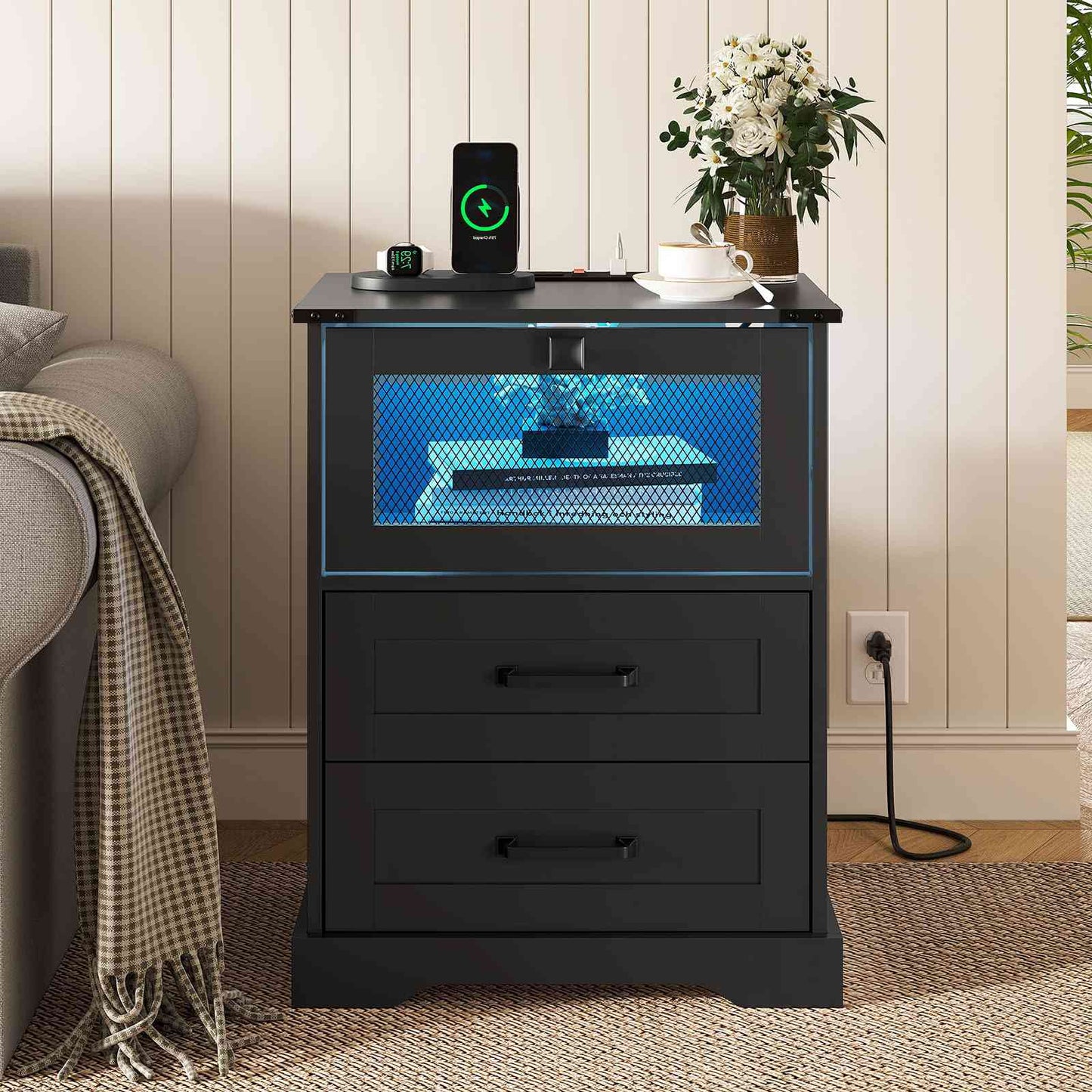 Hasuit | Night Stand with Charging Station and LED Lights Farmhouse Nightstand with 2 Drawers