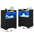 Hasuit | Night Stand Set of 2 with LED Lights and Charging Station Modern Bedside End Table with 2 Fabric Storage Drawers