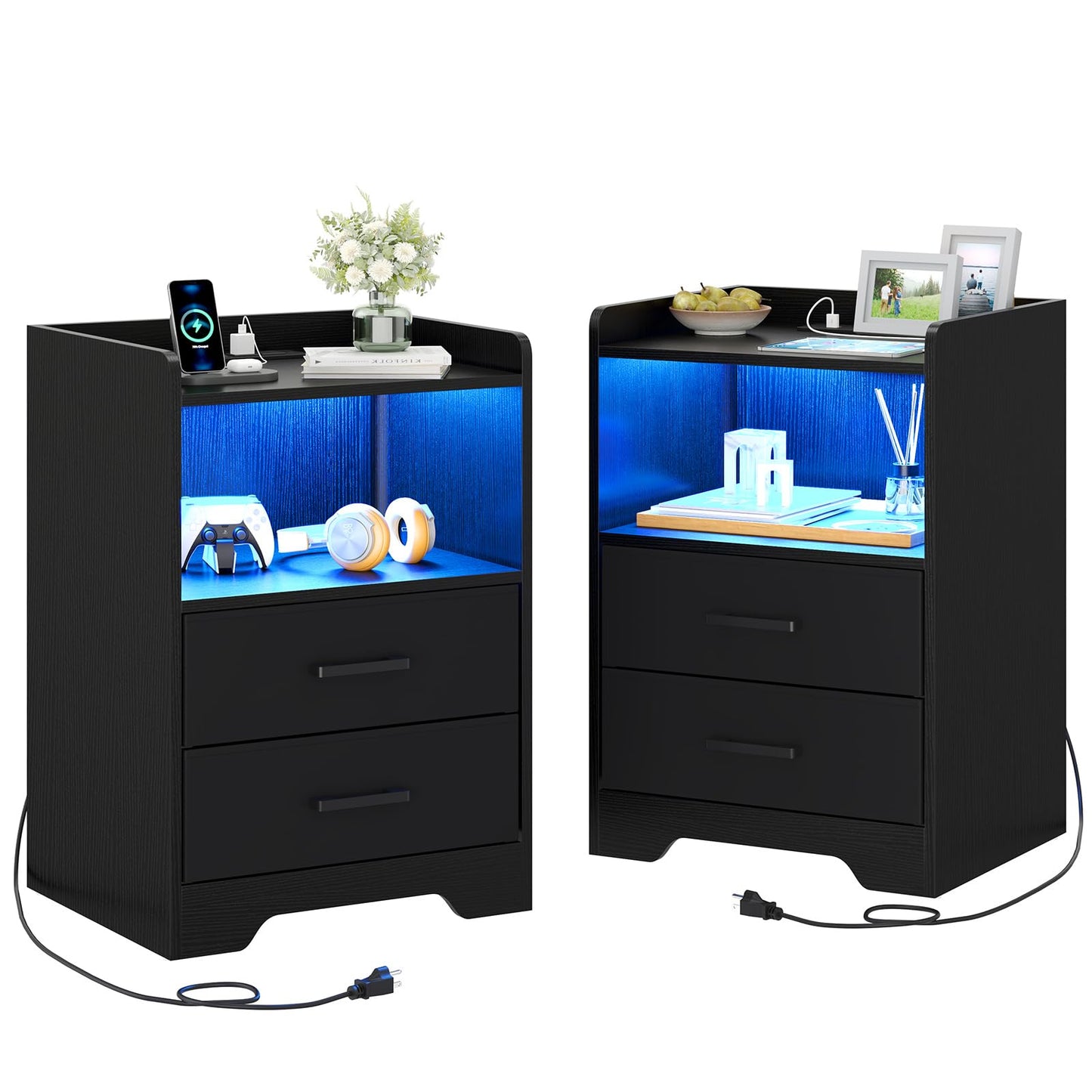 Hasuit | Night Stand Set of 2 with LED Lights and Charging Station Modern Bedside End Table with 2 Fabric Storage Drawers