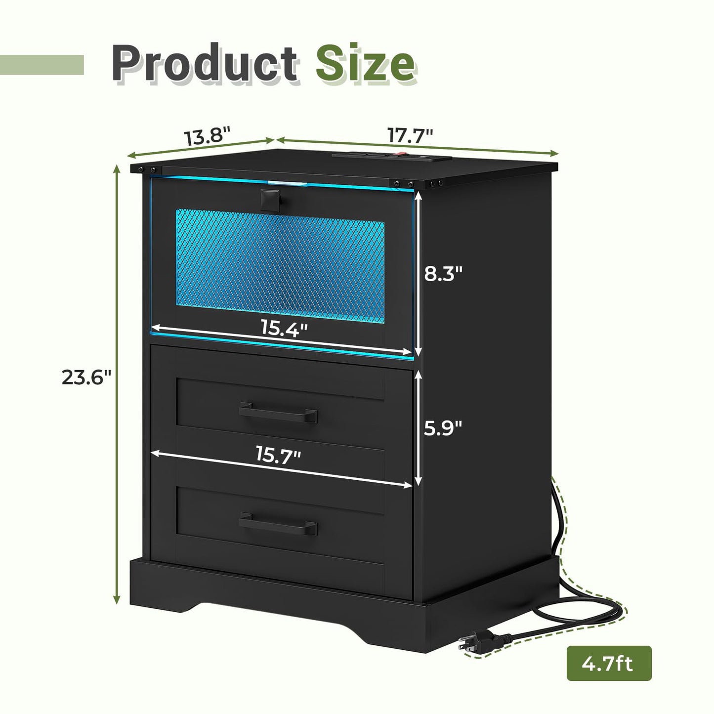 Hasuit | Night Stand with Charging Station and LED Lights Farmhouse Nightstand with 2 Drawers