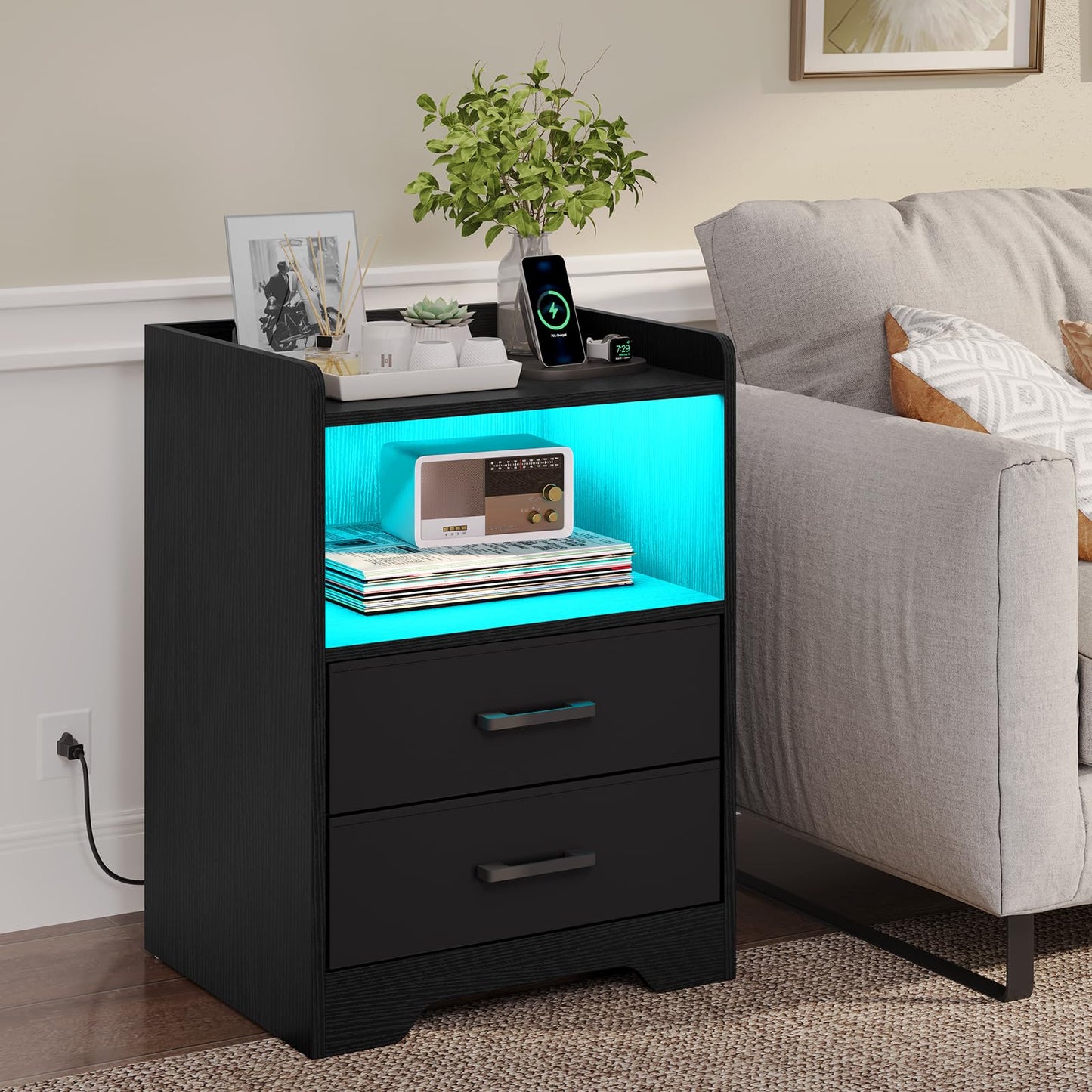Hasuit | Night Stand Set of 2 with LED Lights and Charging Station Modern Bedside End Table with 2 Fabric Storage Drawers