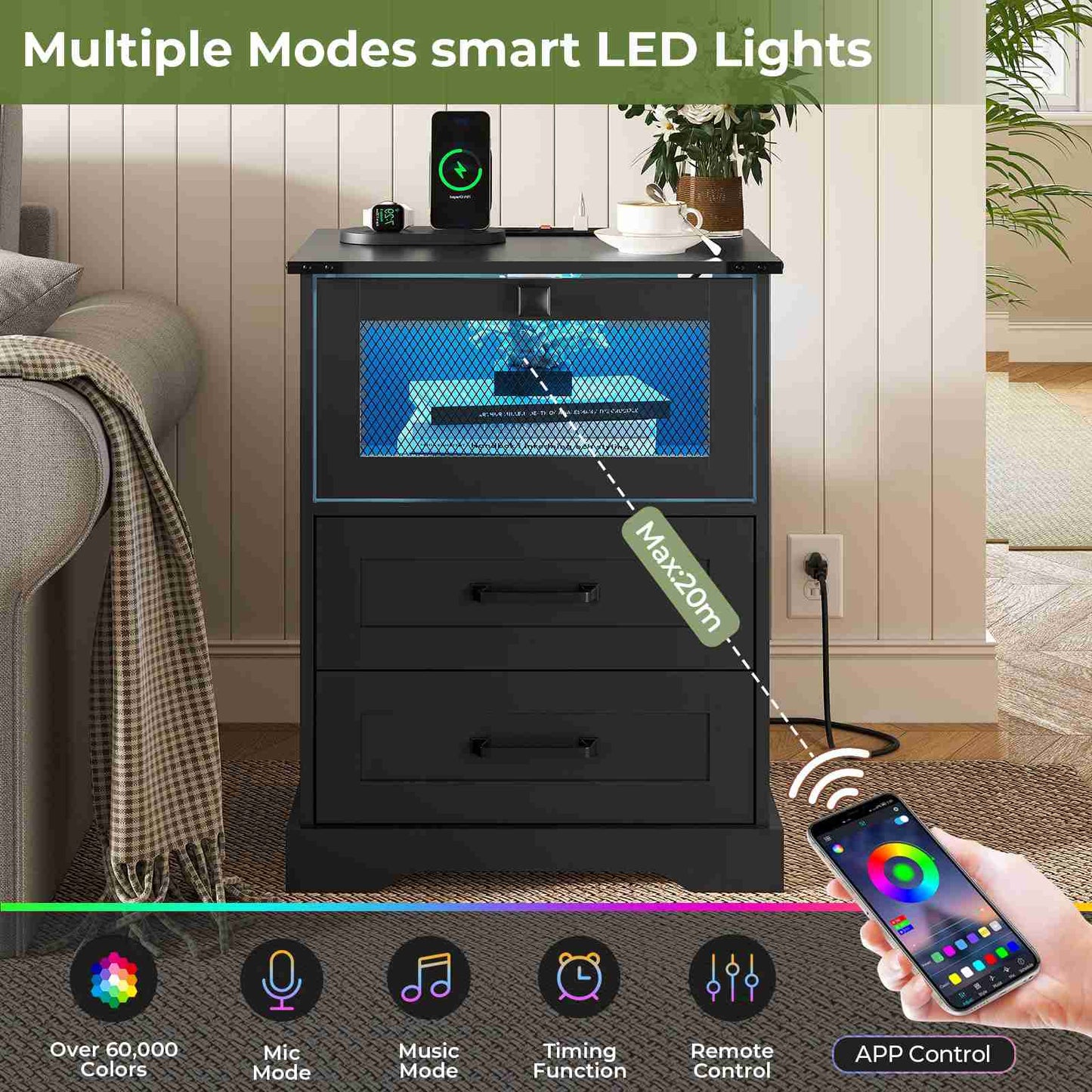 Hasuit | Night Stand with Charging Station and LED Lights Farmhouse Nightstand with 2 Drawers