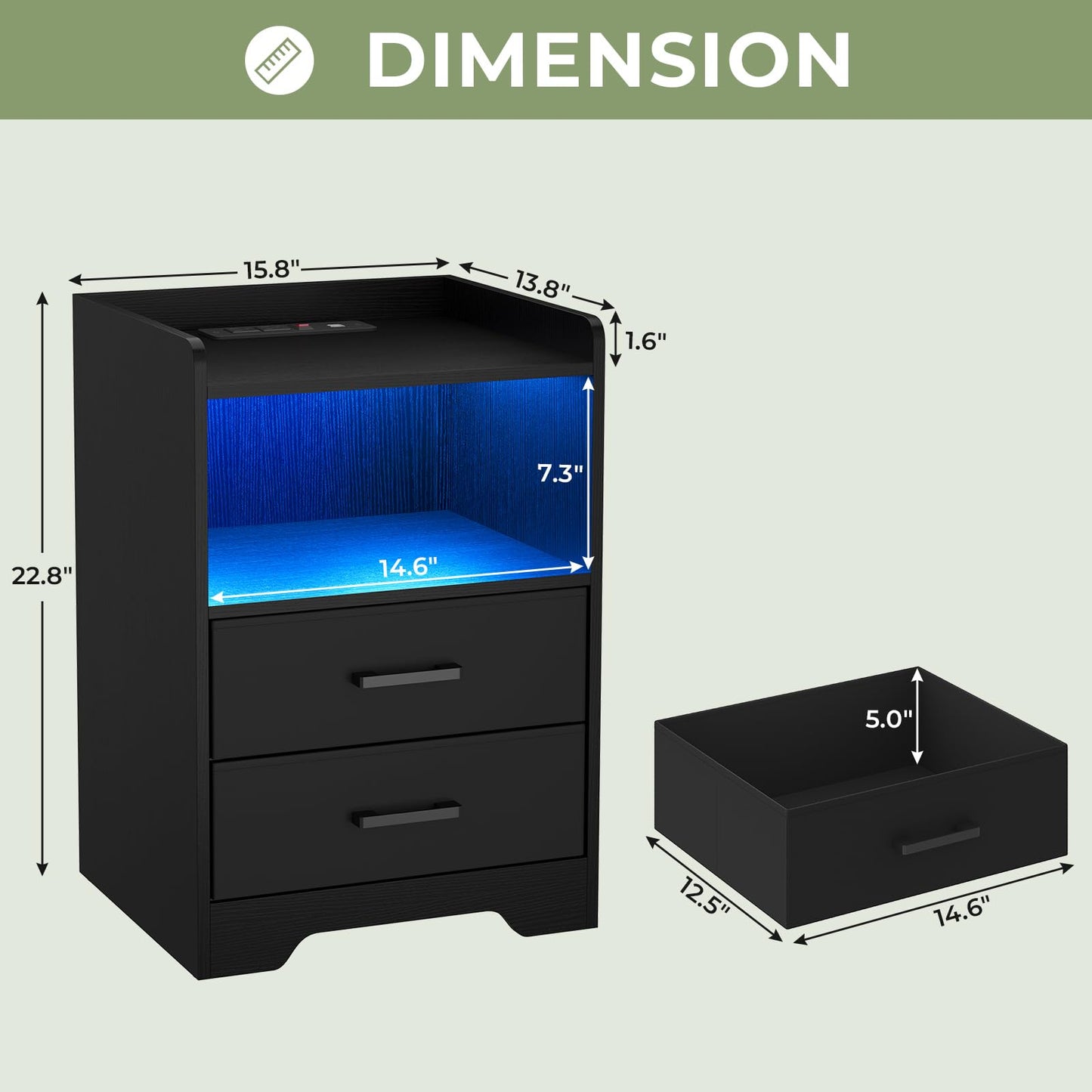 Hasuit | Night Stand Set of 2 with LED Lights and Charging Station Modern Bedside End Table with 2 Fabric Storage Drawers