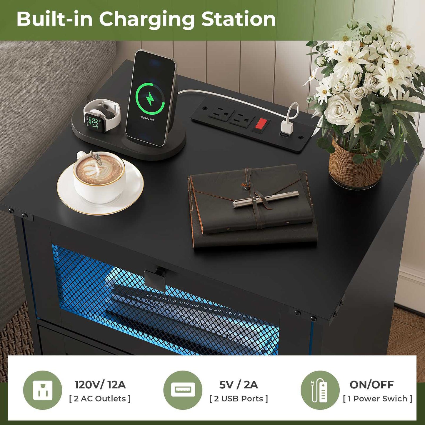 Hasuit | Night Stand with Charging Station and LED Lights Farmhouse Nightstand with 2 Drawers