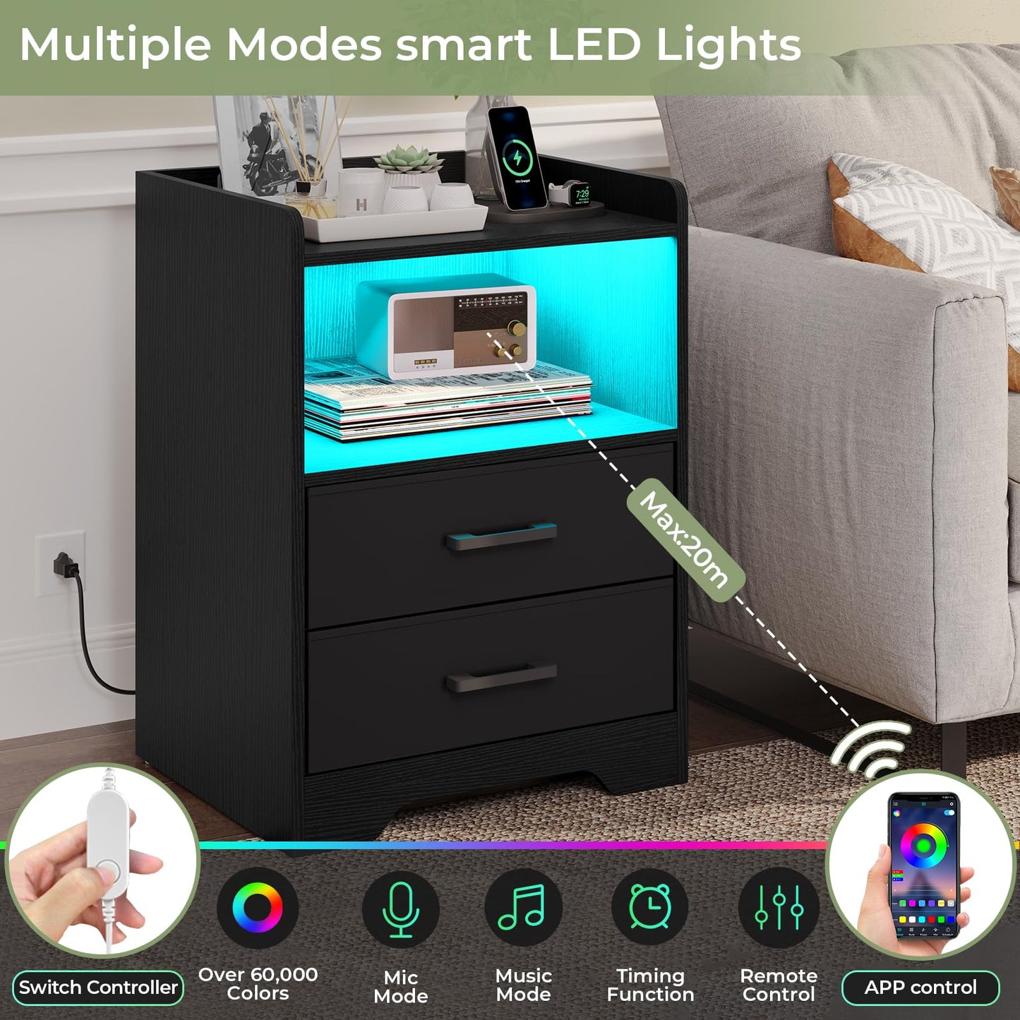 Hasuit | Night Stand Set of 2 with LED Lights and Charging Station Modern Bedside End Table with 2 Fabric Storage Drawers