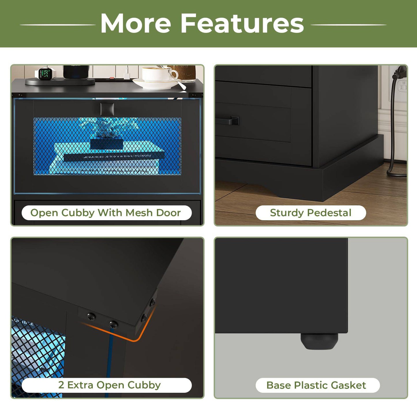 Hasuit | Night Stand with Charging Station and LED Lights Farmhouse Nightstand with 2 Drawers