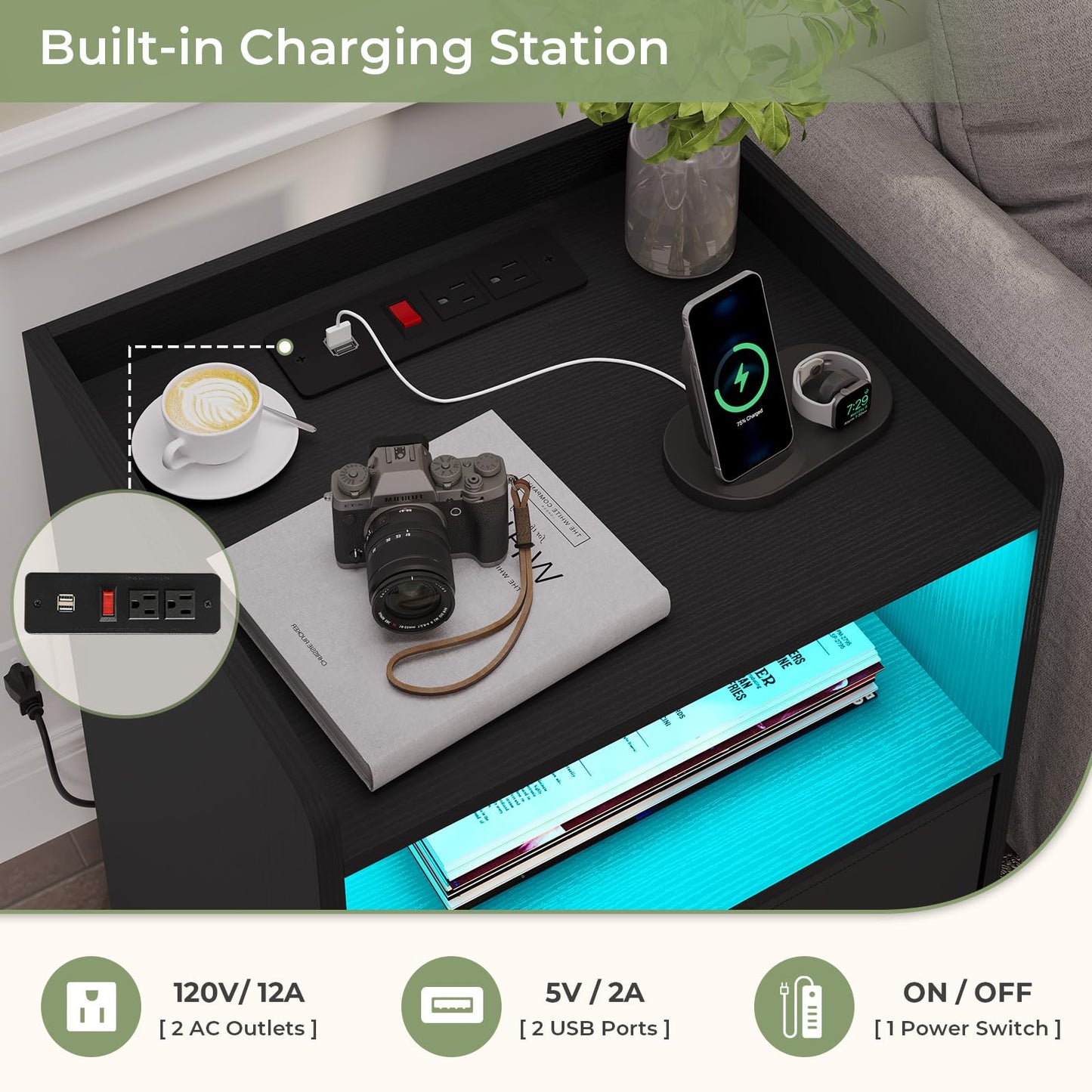 Hasuit | Night Stand Set of 2 with LED Lights and Charging Station Modern Bedside End Table with 2 Fabric Storage Drawers