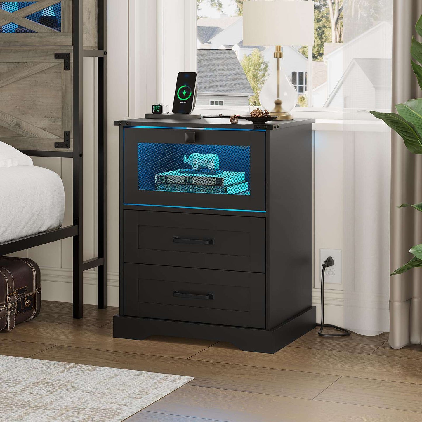 Hasuit | Night Stand with Charging Station and LED Lights Farmhouse Nightstand with 2 Drawers