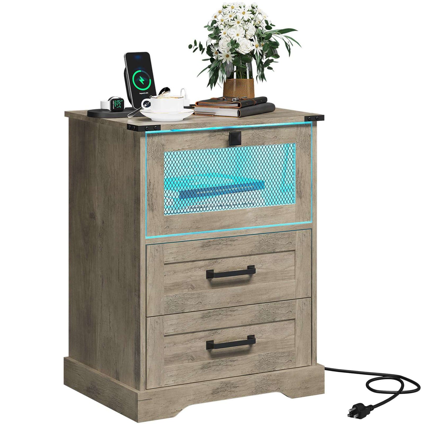 Hasuit | Night Stand with Charging Station and LED Lights Farmhouse Nightstand with 2 Drawers